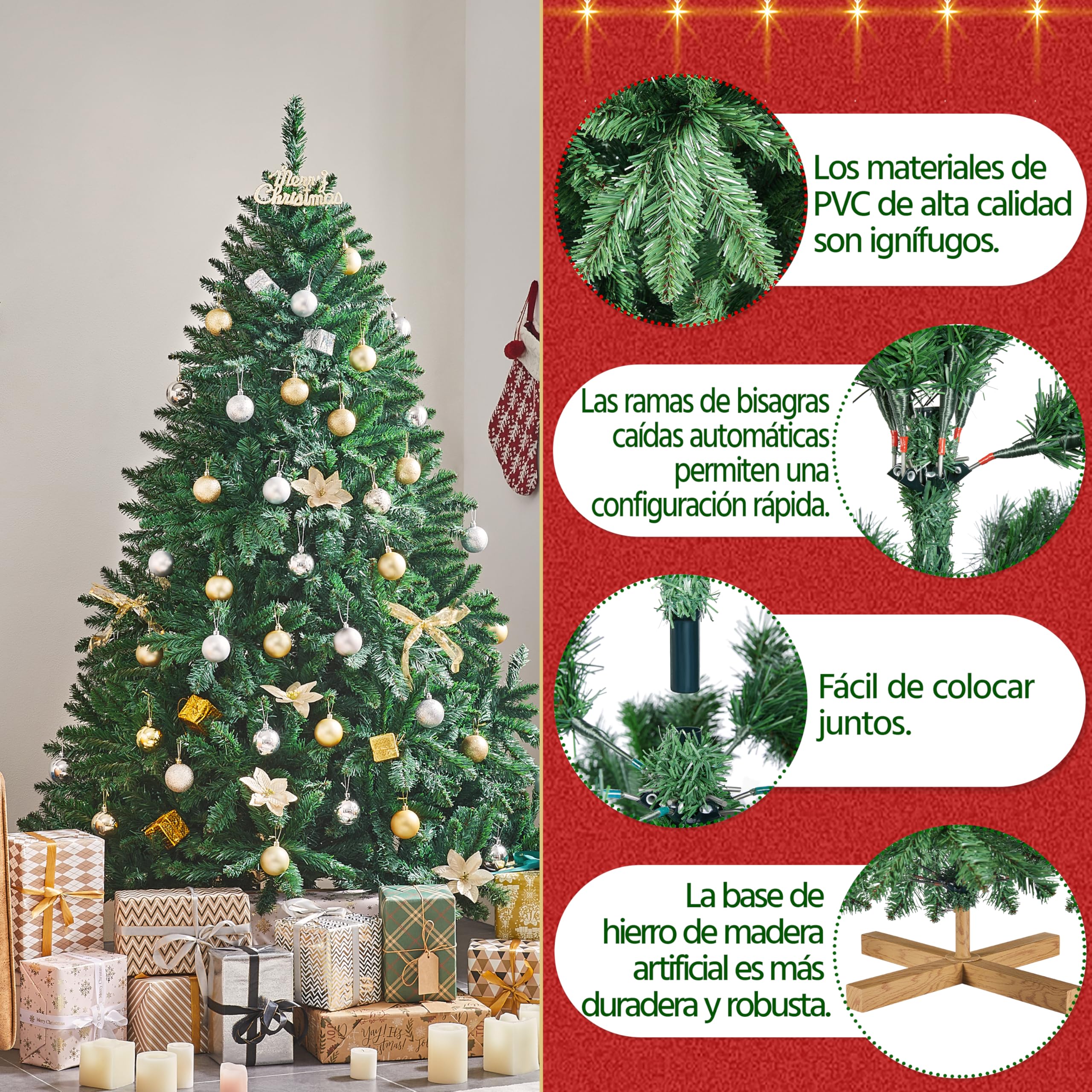 Yaheetech Árbol de Navidad Artificial de 183 cm con 903 Puntas, Resistente al Fuego, PVC, Incluye Soporte de Metal con Vetas de Madera de Abeto, Color Verde