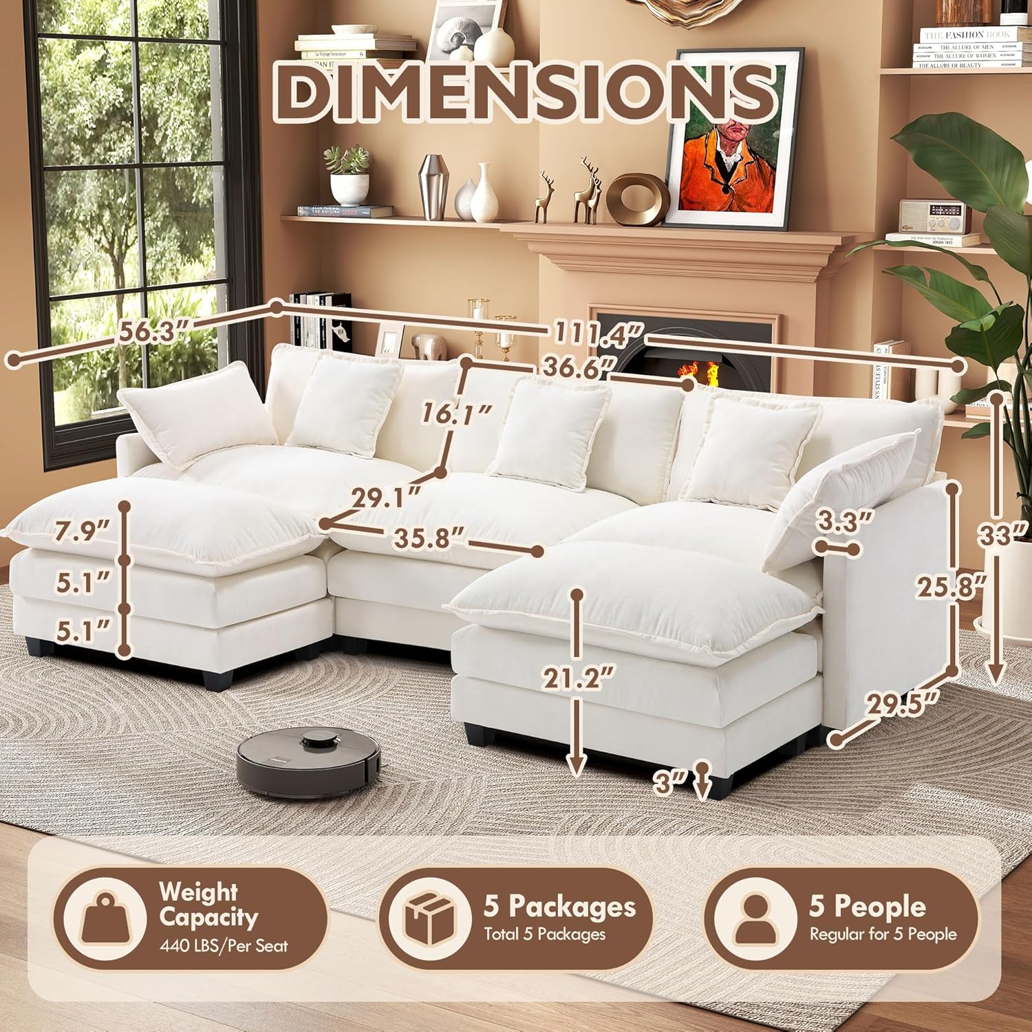 Urhanherry 111.4” Modular Sectional Sofa, U Shape Cloud Couch with 2 Movable Ottoman, Comfy Chenille Deep Seat Sofa with Soft Pillows for Living Room Apartment （Beige）
