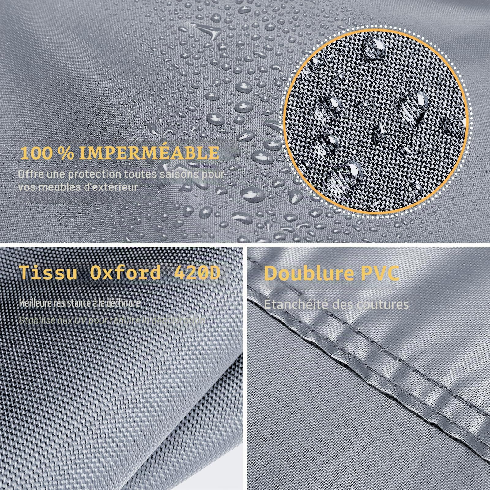 Kovshuiwe 242x162x100cm Housse pour meubles de jardin imperméable et solide en tissu Oxford 420D, résistant au vent et anti-UV pour table de terrasse, meubles en rotin, extérieur, gris