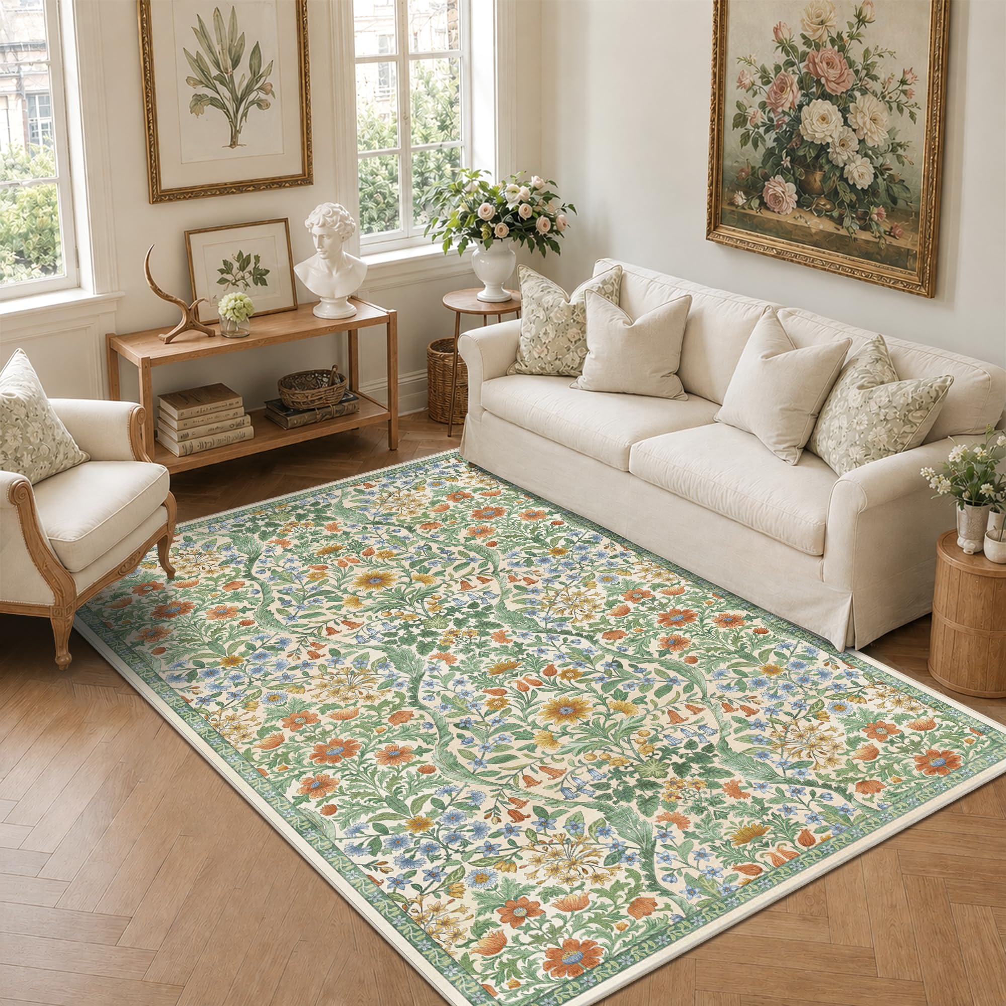 Floral Area Rug 5x8 Botanical Washable Carpet for Living Room