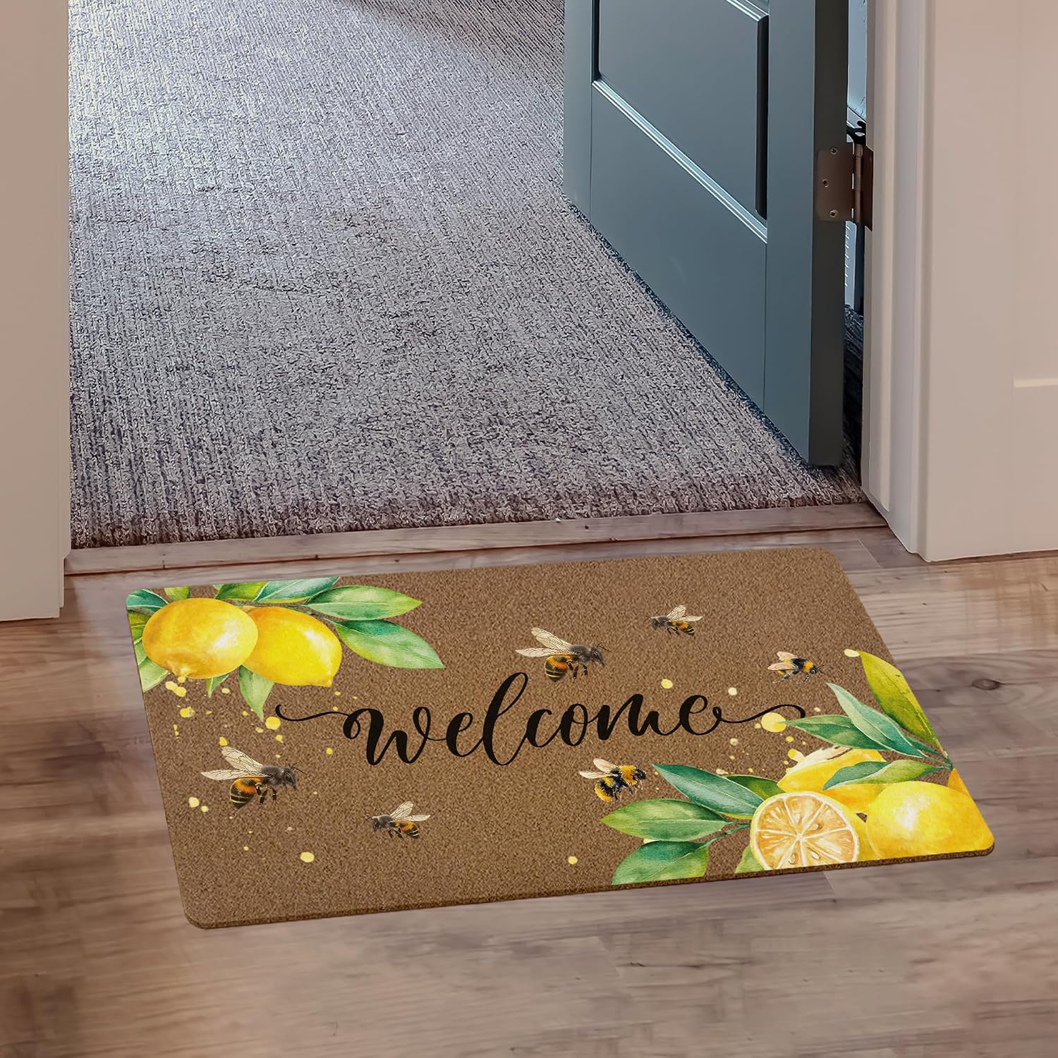 Lemon Welcome Door Mat, Cute Bee Lemon Artificial Coir Front Door Mat Indoor Outdoor Entrance, Spring Summer Farmhouse Doormat Rug for Porch Entryway Patio Decor,17X30 Inch