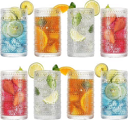 Vasos para beber, 8 vasos de vidrio con diseño en relieve, vasos altos de 15 onzas, vaso de vidrio de agua alto, tazas de mojito, vaso de cóctel,