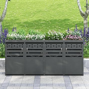 Wheelie Bin Storage, 4 Compartment Large Bin Store for 4x120-240L Bins,Outdoor Storage Cabinet with Planter Roof Lockable Doors,Ventilated Galvanized Steel Garden Storage,Anthracite Wood-Look