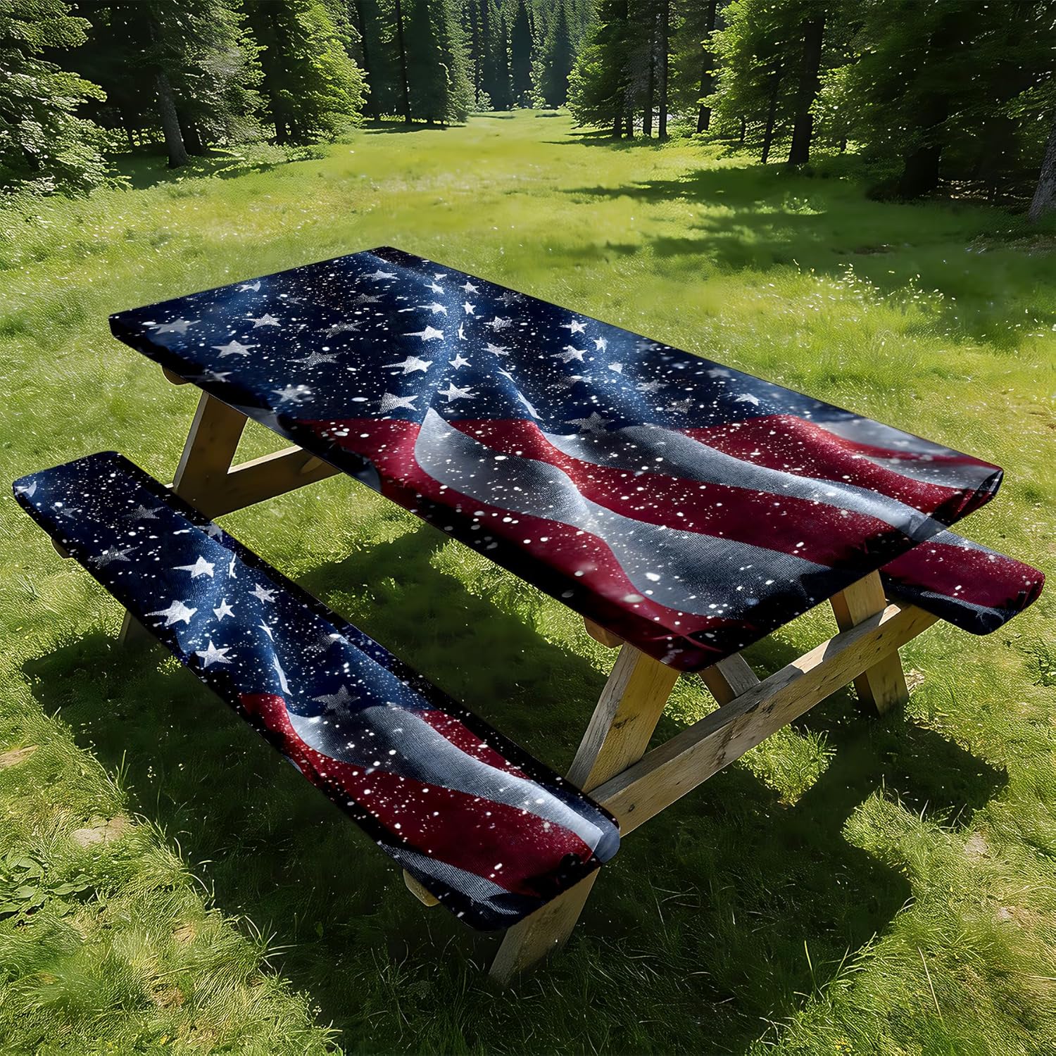 NYZE 3 Pieces American Flag Picnic Table Cover with Bench Covers Set, Independence Day Elastic Edge Camping Tablecloth Cover with Drawstring Bag,Camping Essentials for Outdoor Picnics, Patio, BBQ
