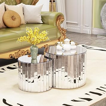 Round Nesting Coffee Table Set of 2, 2-Piece Modern Luxury Mirror Coffee End Table, 2 Pieces Mirrored 18.89" Circle Living Room Set for Living Room Apartment Small Space, No Assembly Silver