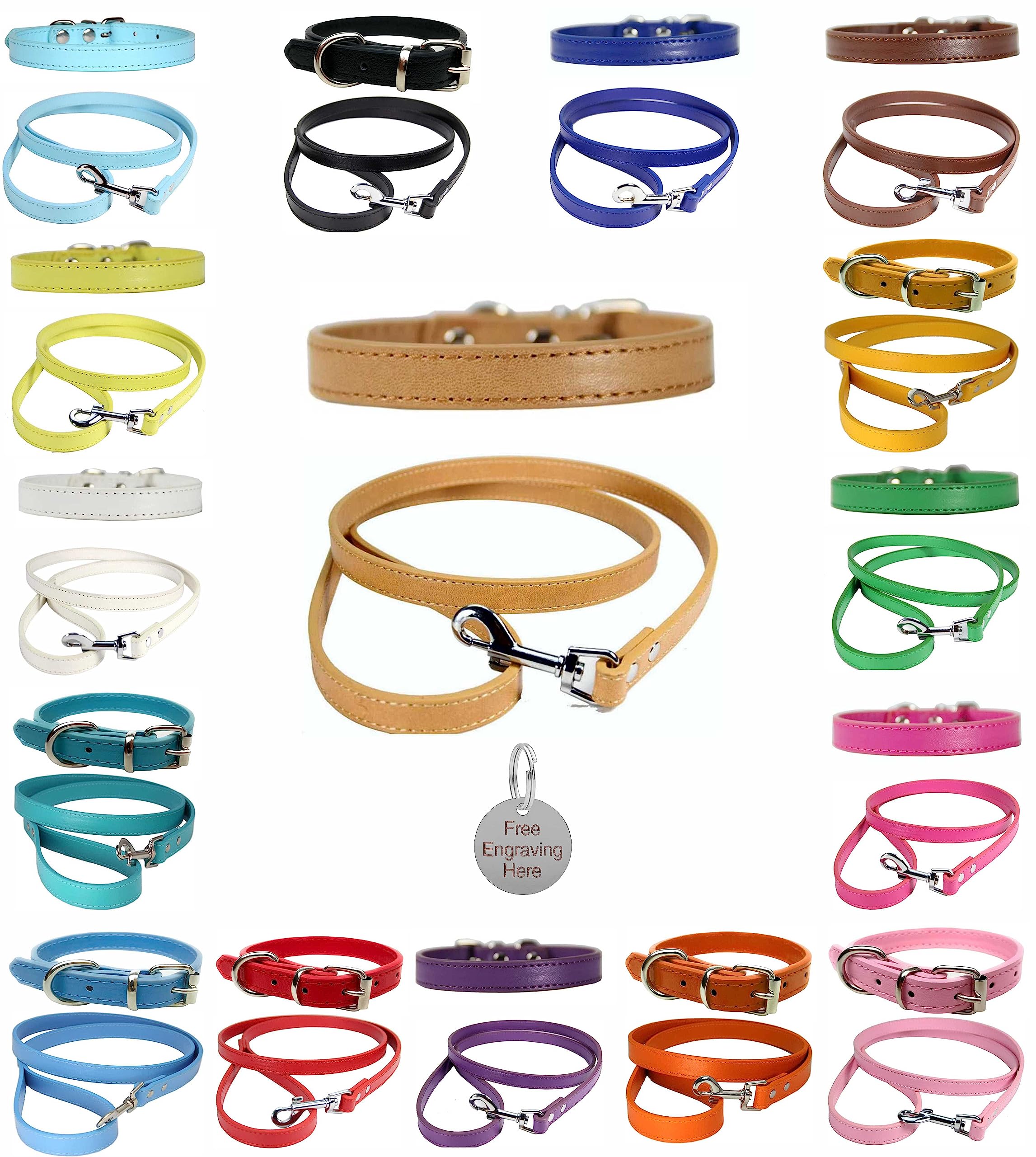 Vibrant Leather Dog Collar & Lead Combo Set for Puppy, Dogs Small, Medium & Large With Personalised Engraved Round Silver Pet Tag (X-Large (45cm - 55cm Neck), Light Brown)