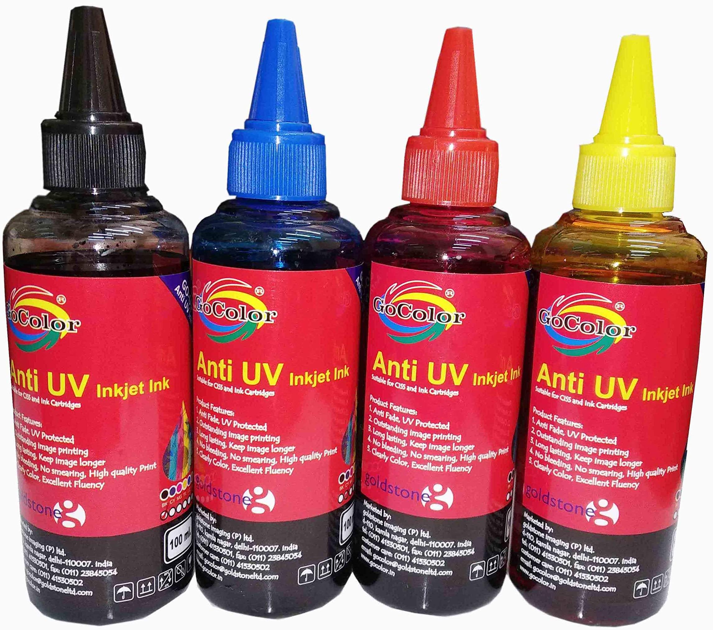 GOCOLOR Anti UV Refill Ink 100 ML X 4 Color Bottle for EPSON Printer (Inkjet Film & Photo Paper Printing)