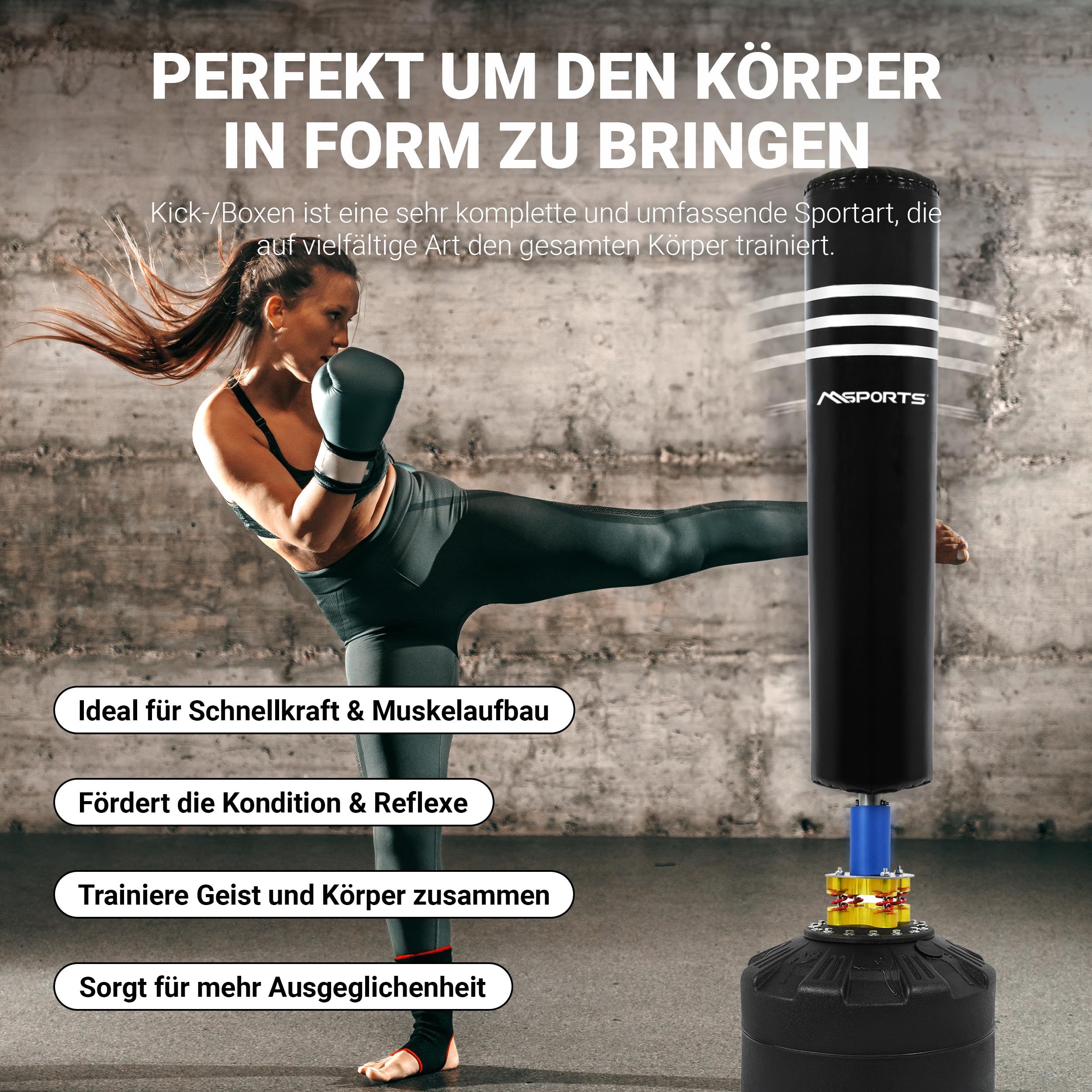 MSPORTS Worek bokserski premium wolnostojący – worek bokserski z podstawą, worek bokserski do domu i fitnessu, kickboxingu, MMA i treningu siłowego, wytrzymała podstawa i trwały materiał