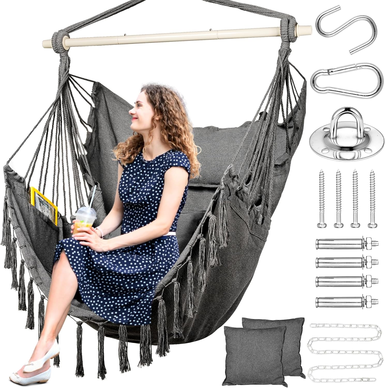 Upgraded Extra Large Hammock Chair Swing Hammock Chair with 2 Cushions