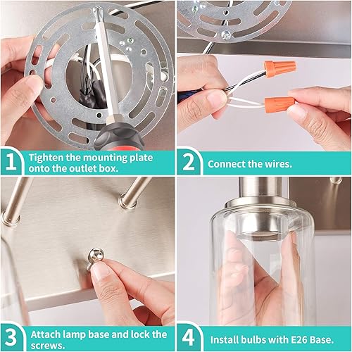 Miniatura 9 de ShineTech Lámparas de baño de 2 luces, modernas luces de tocador con pantalla de vidrio transparente, luz de tocador de baño de níquel cepillado
