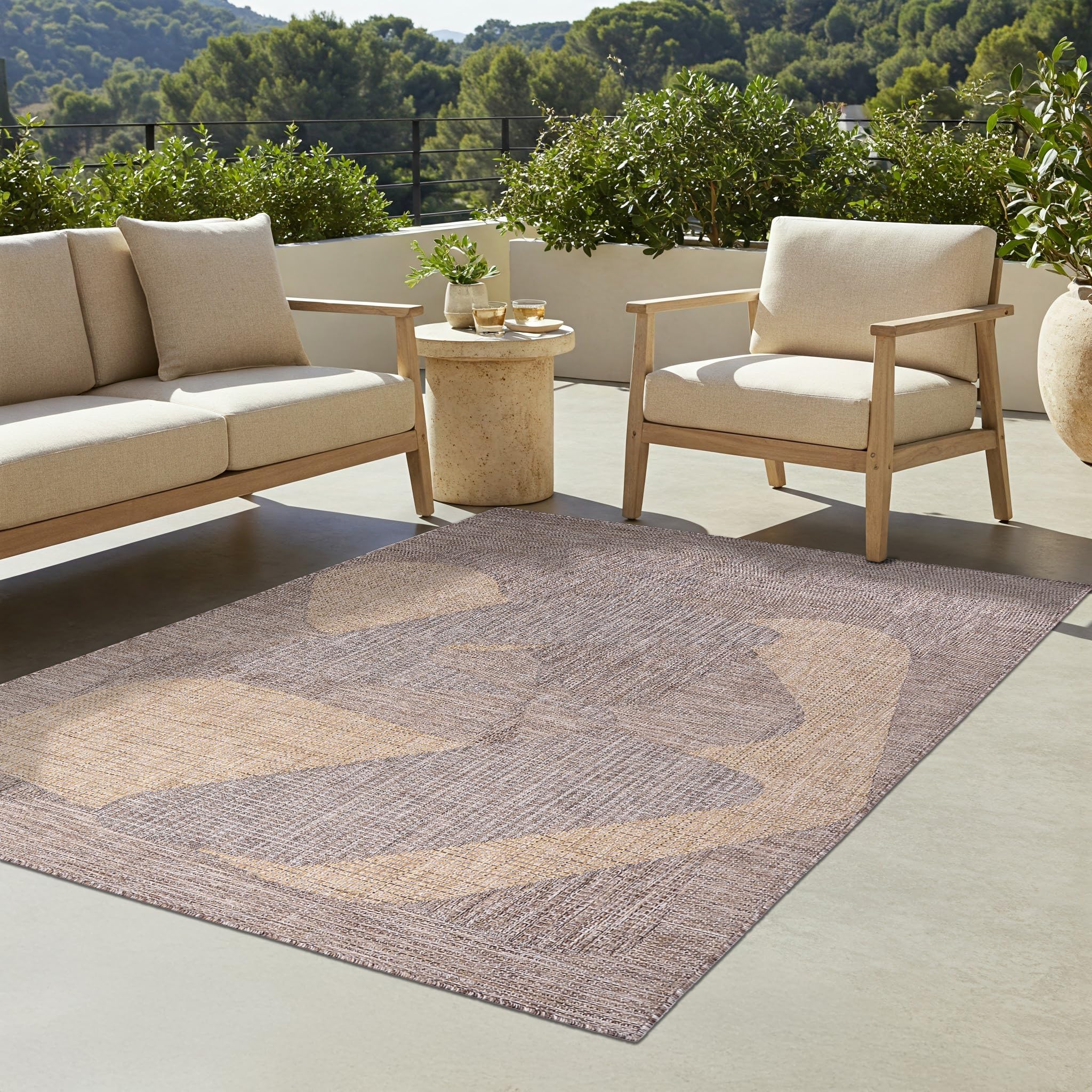 TAPISO Yucana Tapis d'Extérieur Tissage Plat Robuste Résistant aux Rayons UV Imperméable Tapis Intérieur & Extérieur Balcon Terrasse Marron Crème Motifs Abstraits Moderne 160 x 230 cm