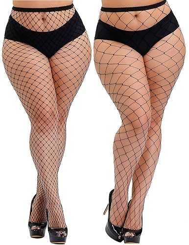 HZH Womens High Waist Tights Fishnet Stockings Plus Size Thigh High Pantyhose - Medium-3X-Large - 2-large+m/Large Gride-2 Pairs