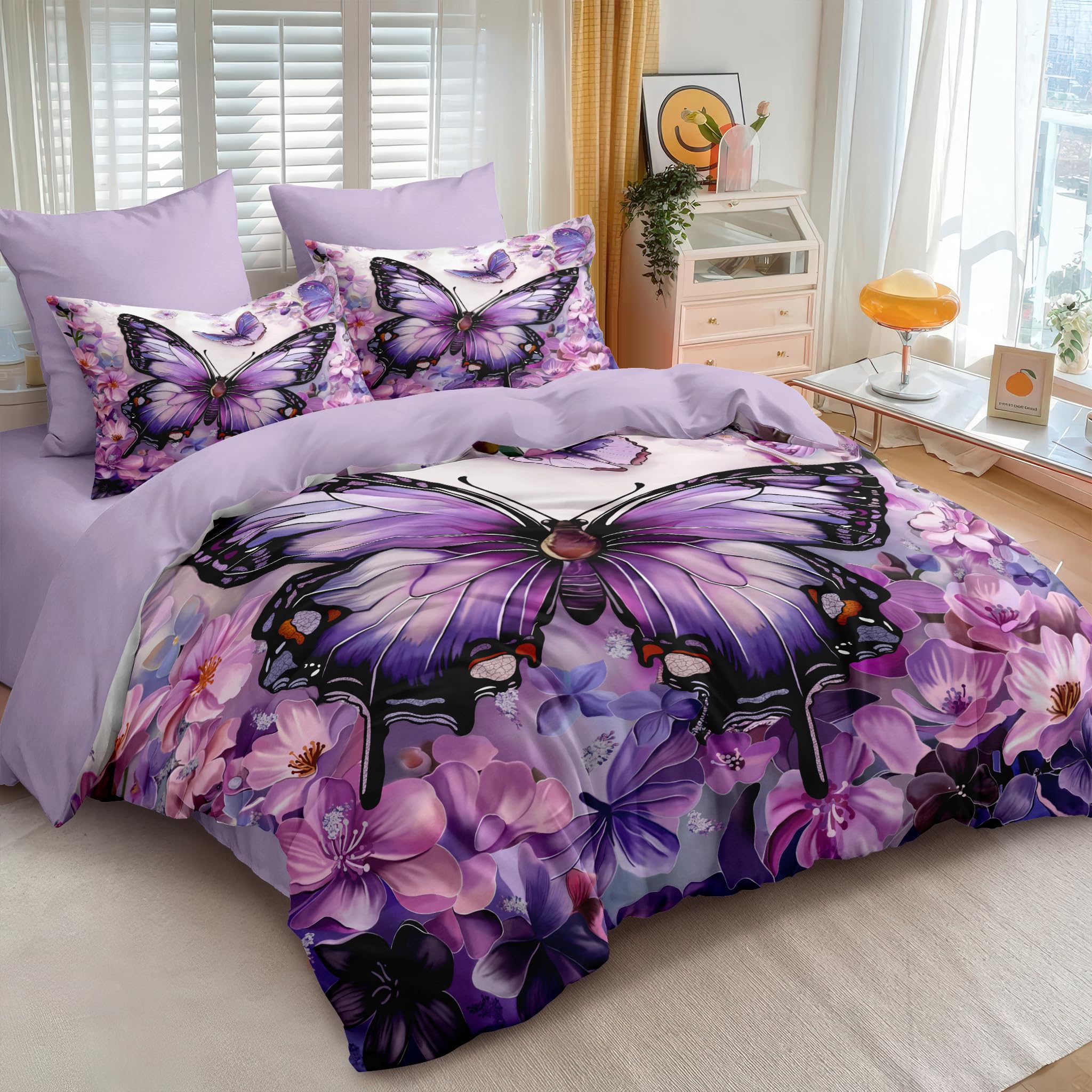 CCoutueChen Butterfly Comforter Set King Size, Purple Victorian Flowers Bedding Sets for Women,Lightweight Down Alternative Comforter - 3Pieces Soft Fluffy Microfiber Quilt with 2 Pillowcases,104*90