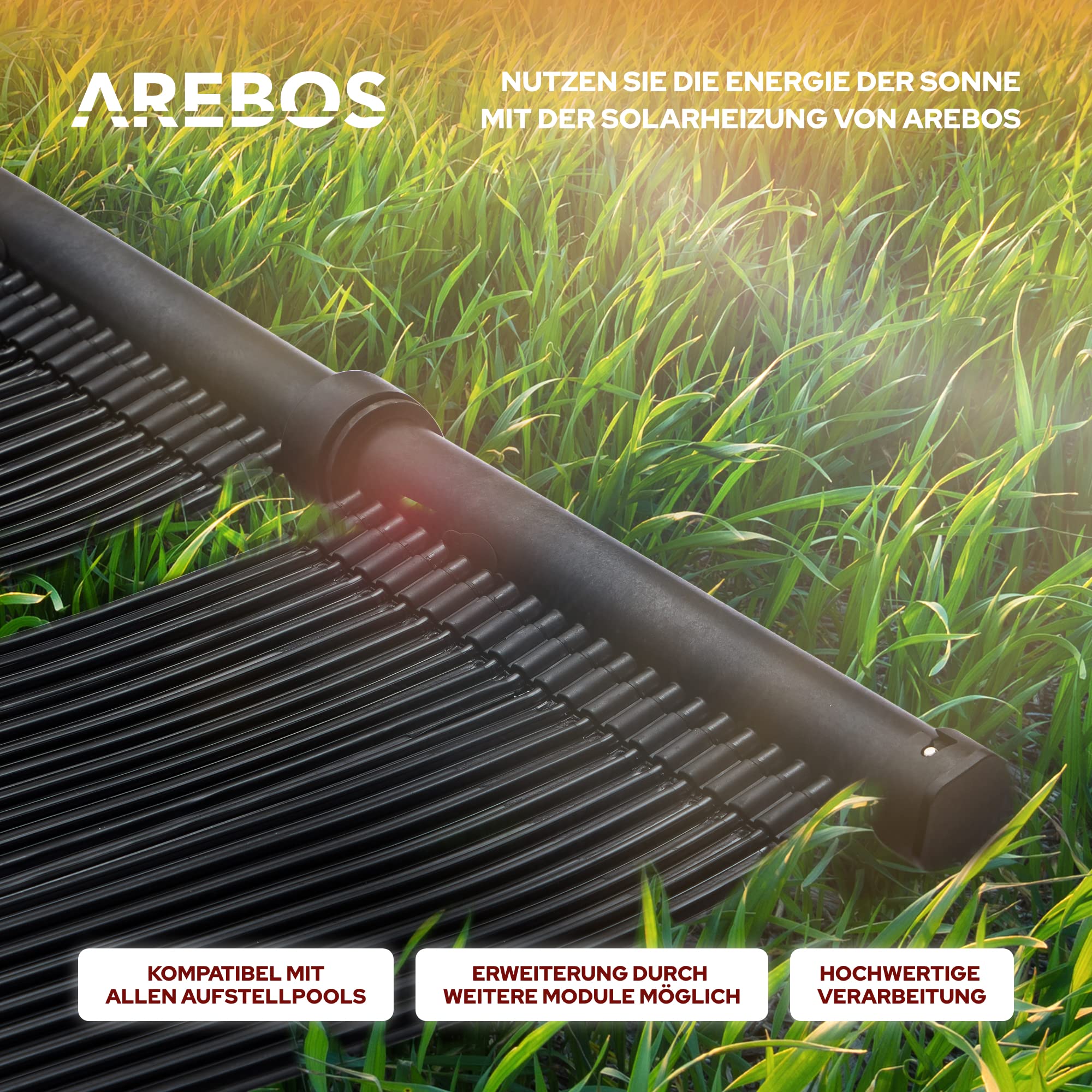 Arebos Solarheizung Solarkollektor Poolheizung | 300x66 cm | UV-beständiger Kunststoff | Schwarz | Beliebig erweiterbar | inkl. Bypass-Set