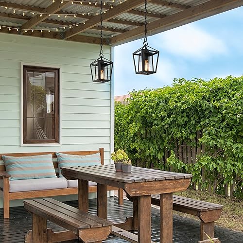 Miniatura 5 de classy leaves Lámpara colgante para exteriores, moderna lámpara colgante de granja para exteriores, 1 luz negra colgante para exteriores, con