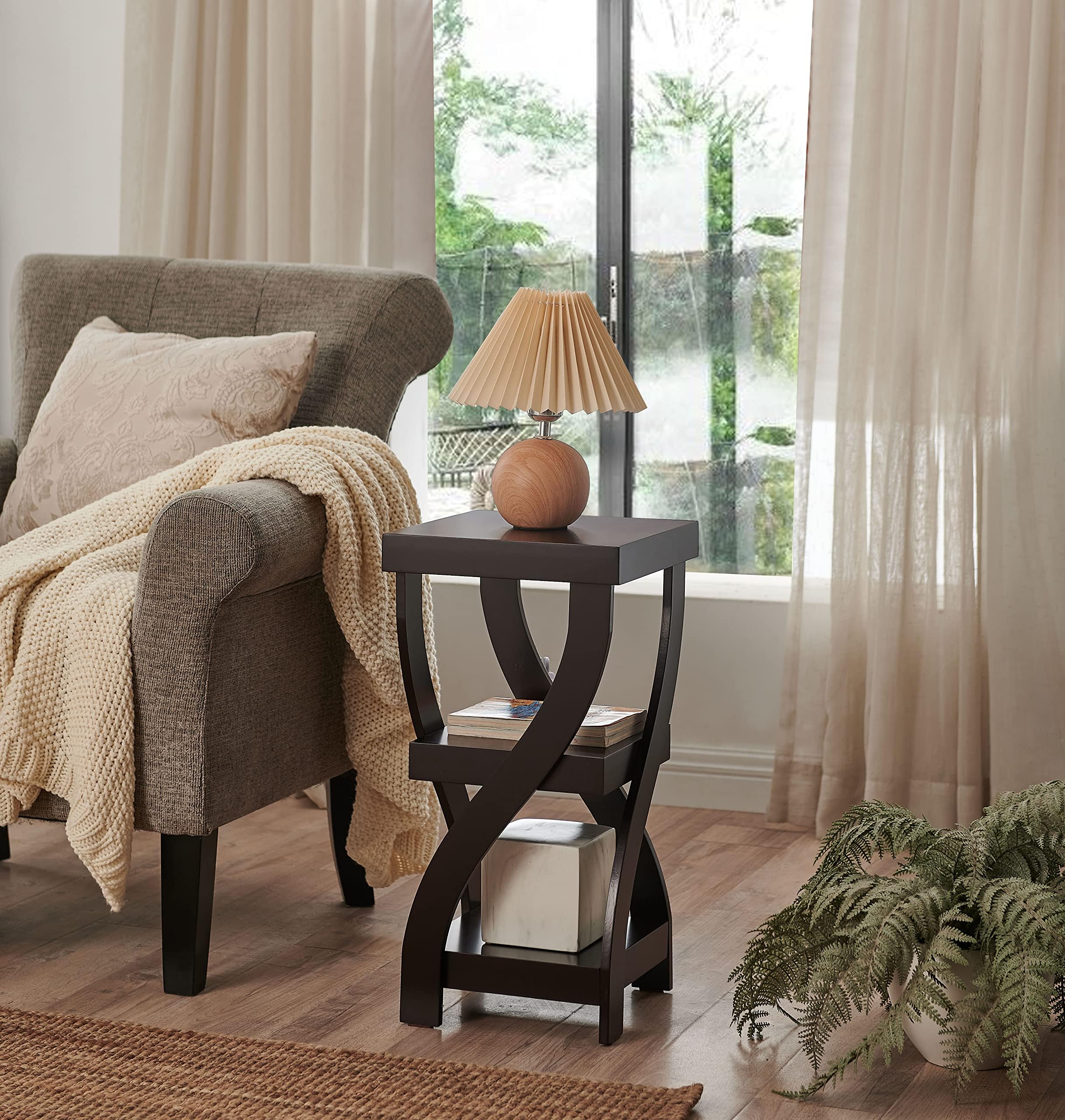 Kings Brand Furniture Lionel 3-Tier End Table, Twisted Wood Accent Side Table with Open Storage Shelves, Modern Narrow Nightstand for Living Room, Bedroom, Office or Entryway, Espresso