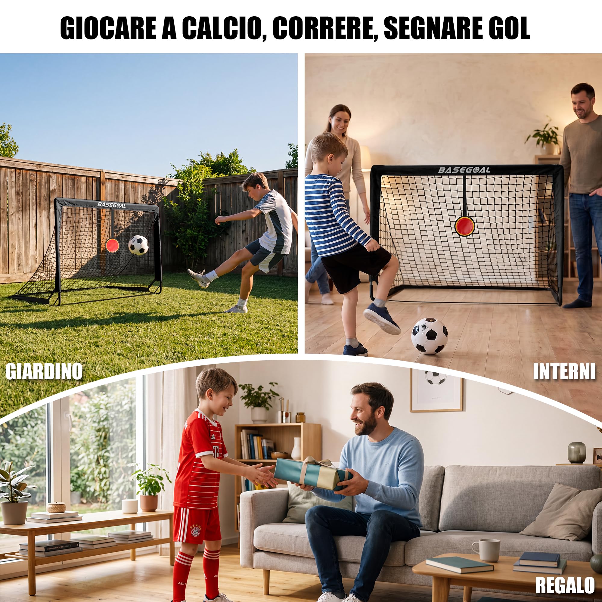BaseGoal Set di 2 Porte da Calcio per Giardino 120x90cm con Calcio n. 5 | Porta da Calcio Adolescenti con Aste In Fibra di Vetro, Reti di Alta Qualità, Bersaglio, Coni da Calcio e Cono a Forma di U