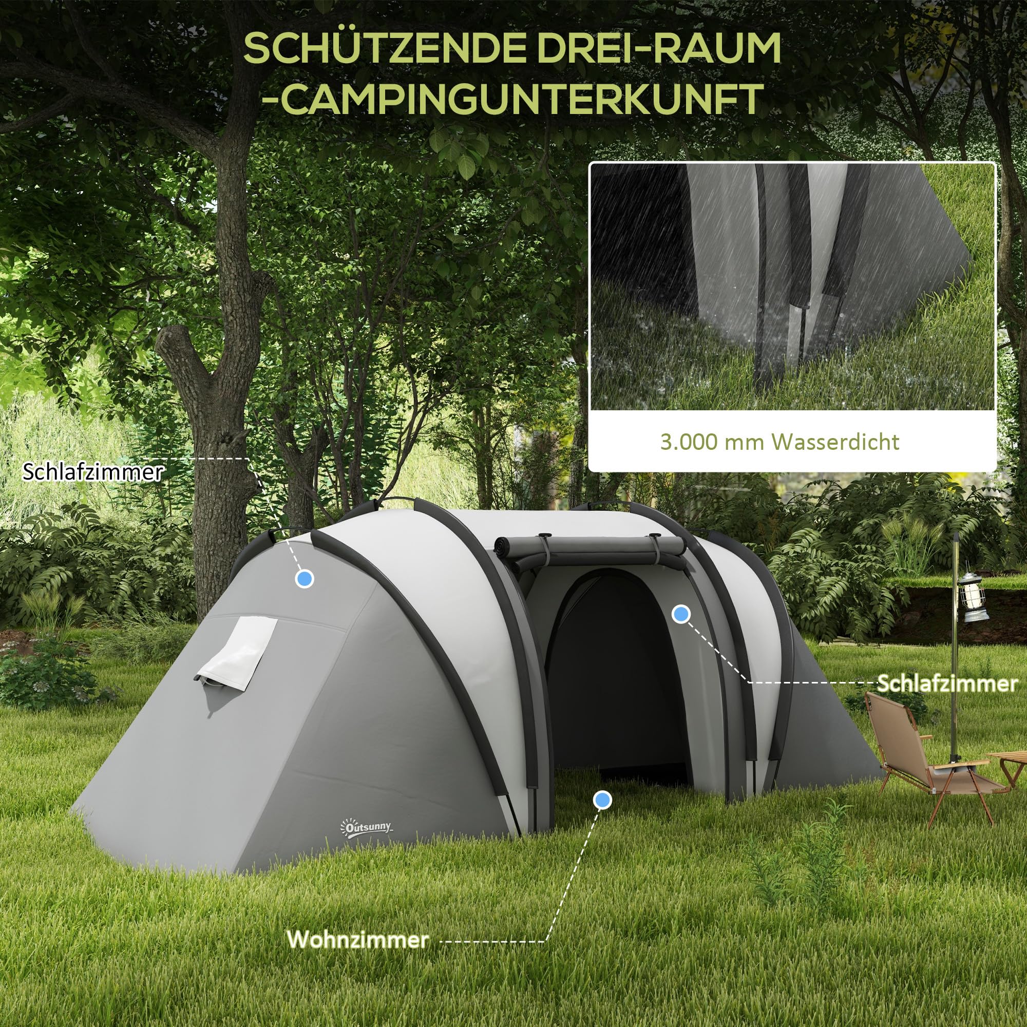 Outsunny Campingzelt für 4-5 Personen leicht wasserabweisend Familienzelt mit 2 Zimmer Seitentür Fenster, Zelt mit 3000mm Wassersäule Tunnelzelt Kuppelzelt für Camping Reise Garten