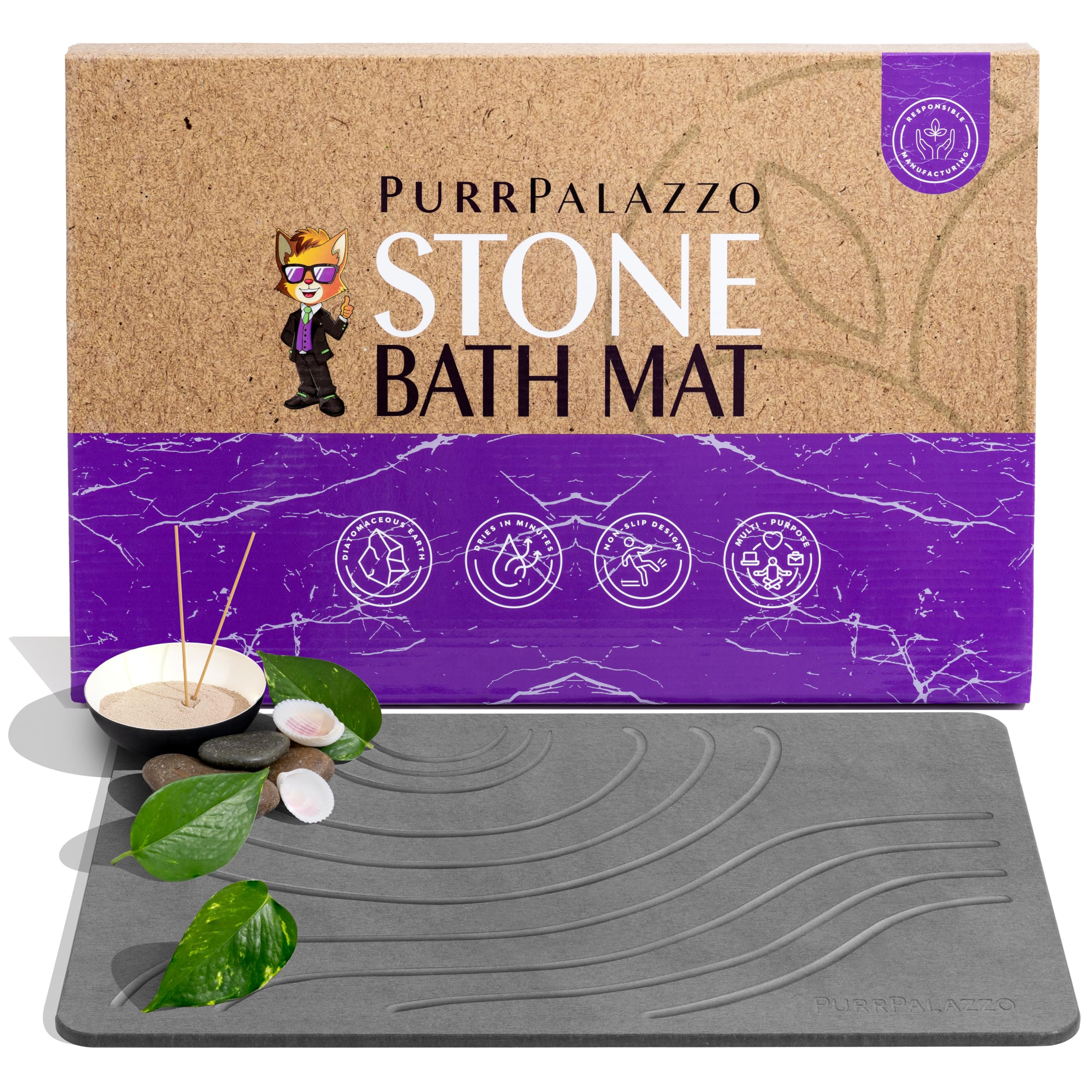 PURRPALAZZO Stone Bath Mat - Natural Premium Quick Drying Mat, Super Absorbent Non Slip Diatomite Earth Shower Mat for Bathroom Floor, Shower & Modern Kitchen Counter, Diatomaceous Earth - Dark Gray