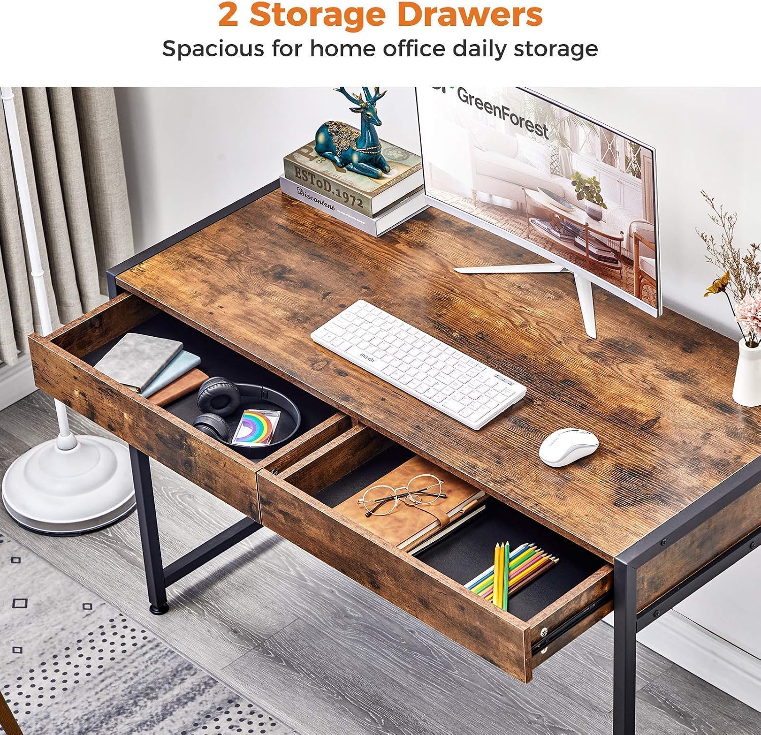 GreenForest Writing Desk 47 Inch with 2 Storage Drawers, Home Office Computer Desk, Modern Study Laptop Desk Table with Drawers, Make-Up Vanity Console Table, CARAMELWOOD