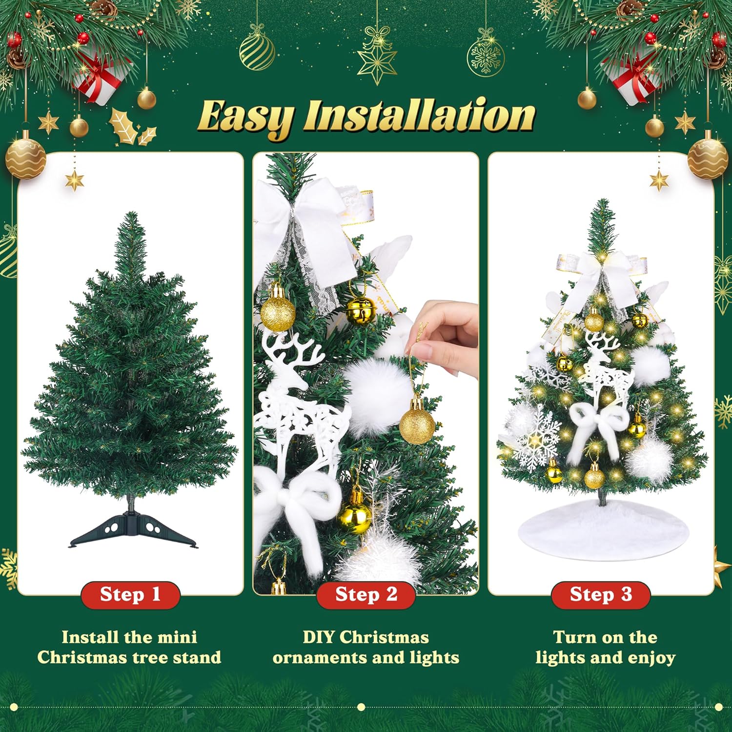 Mini Christmas Tree with Lights, 2ft/24 Inch Artificial Small Tabletop Christmas Tree Decorations, Hanging Balls, Ornaments, Tree Skirt, 24 Pcs Little Xmas Trees Decor for Kids Room, Bedroom