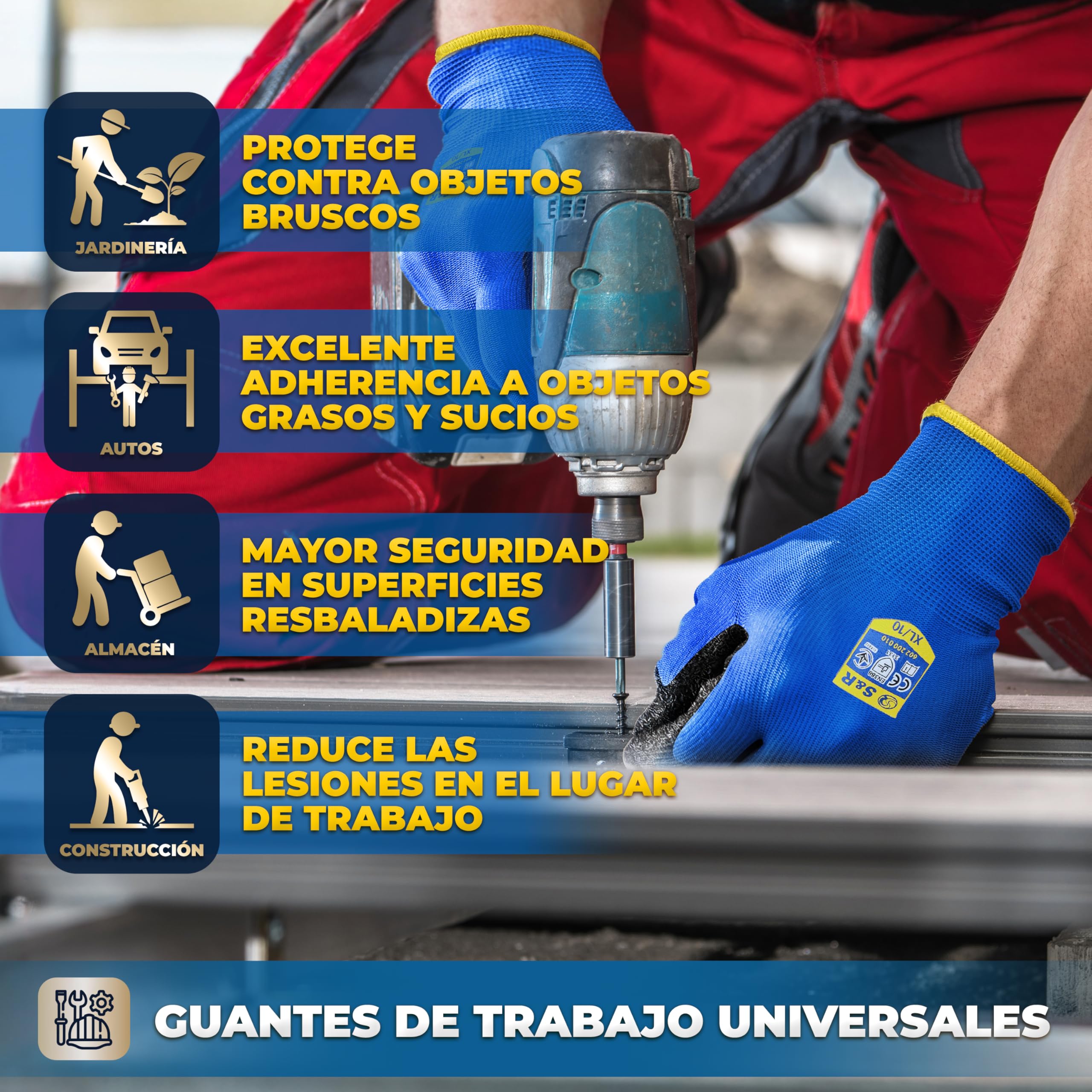 S&R Guantes de Trabajo Hombre 12 PARES Talla L / 9 - Guantes de Securidad Nylon y Latex - 12 Pares