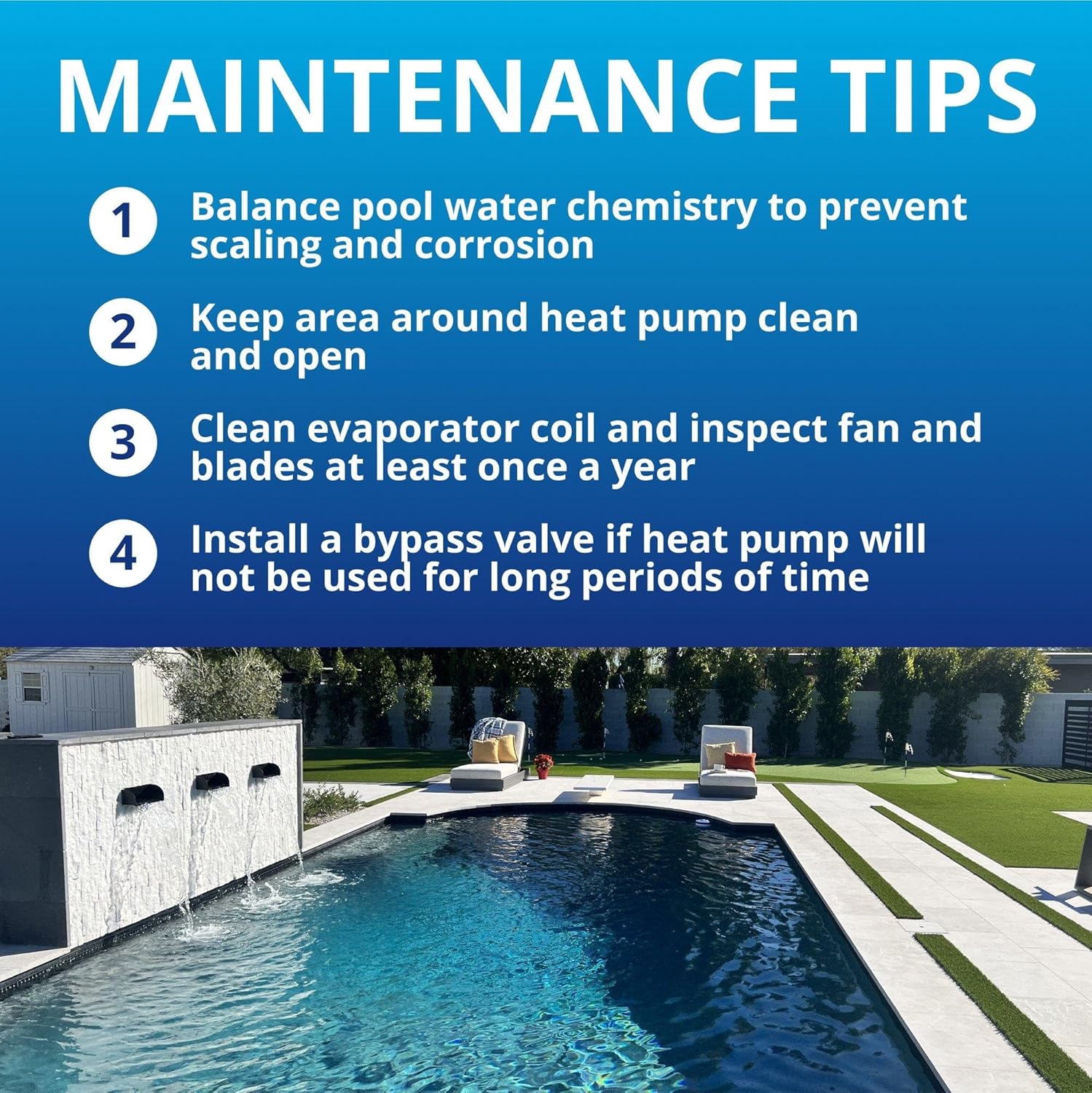 Maintenance tips for the Raypak Crosswind heat pump, including water chemistry, cleaning, and bypass valve recommendations.