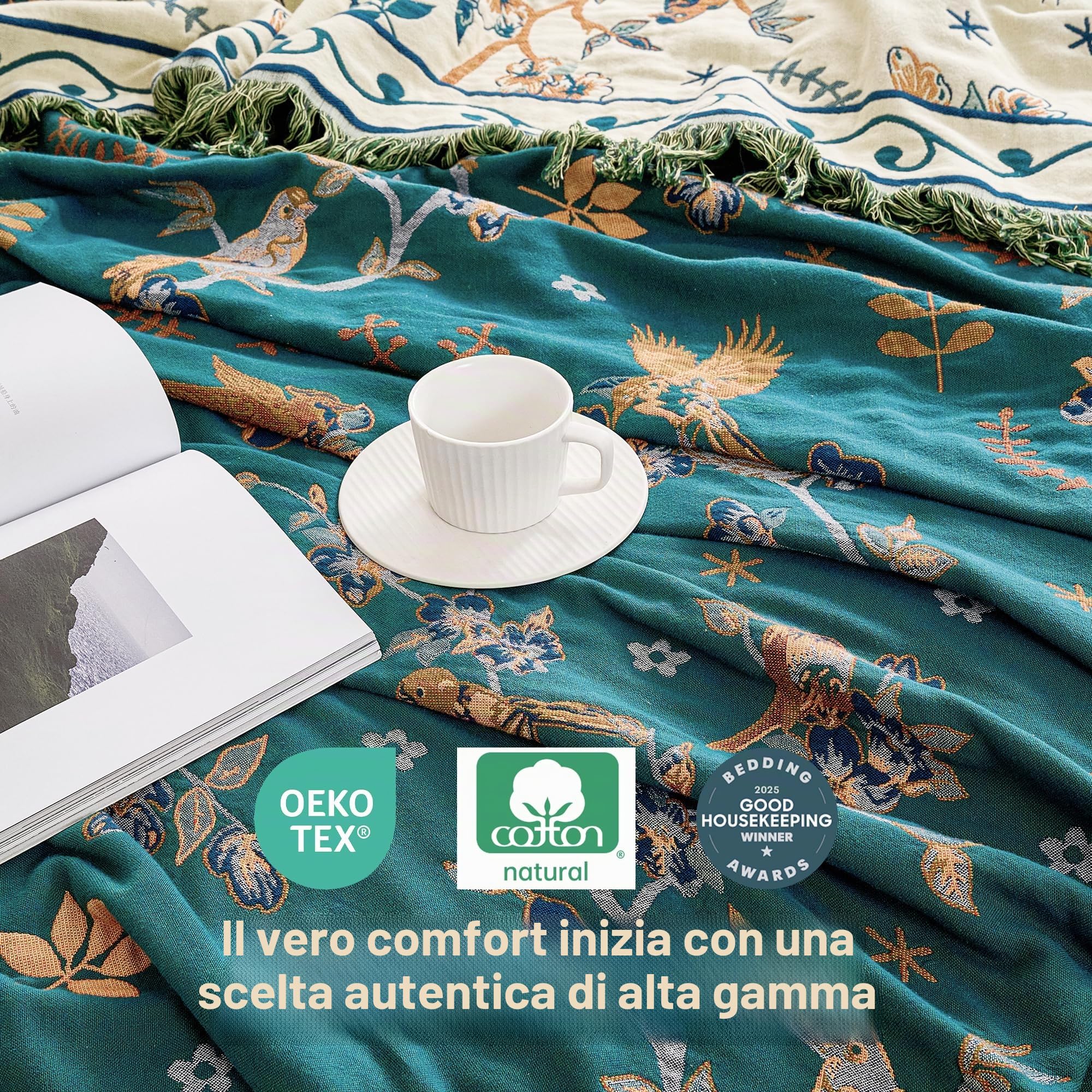 VANJOROY Coperta per Divano e Letto Grande in 100% Cotone Organico con Motivo Floreale di Uccelli - 130x150cm, Coperta Morbida Doppio Lato Stile Bohémien per Poltrona Singola a 2 Posti, Tappeto da