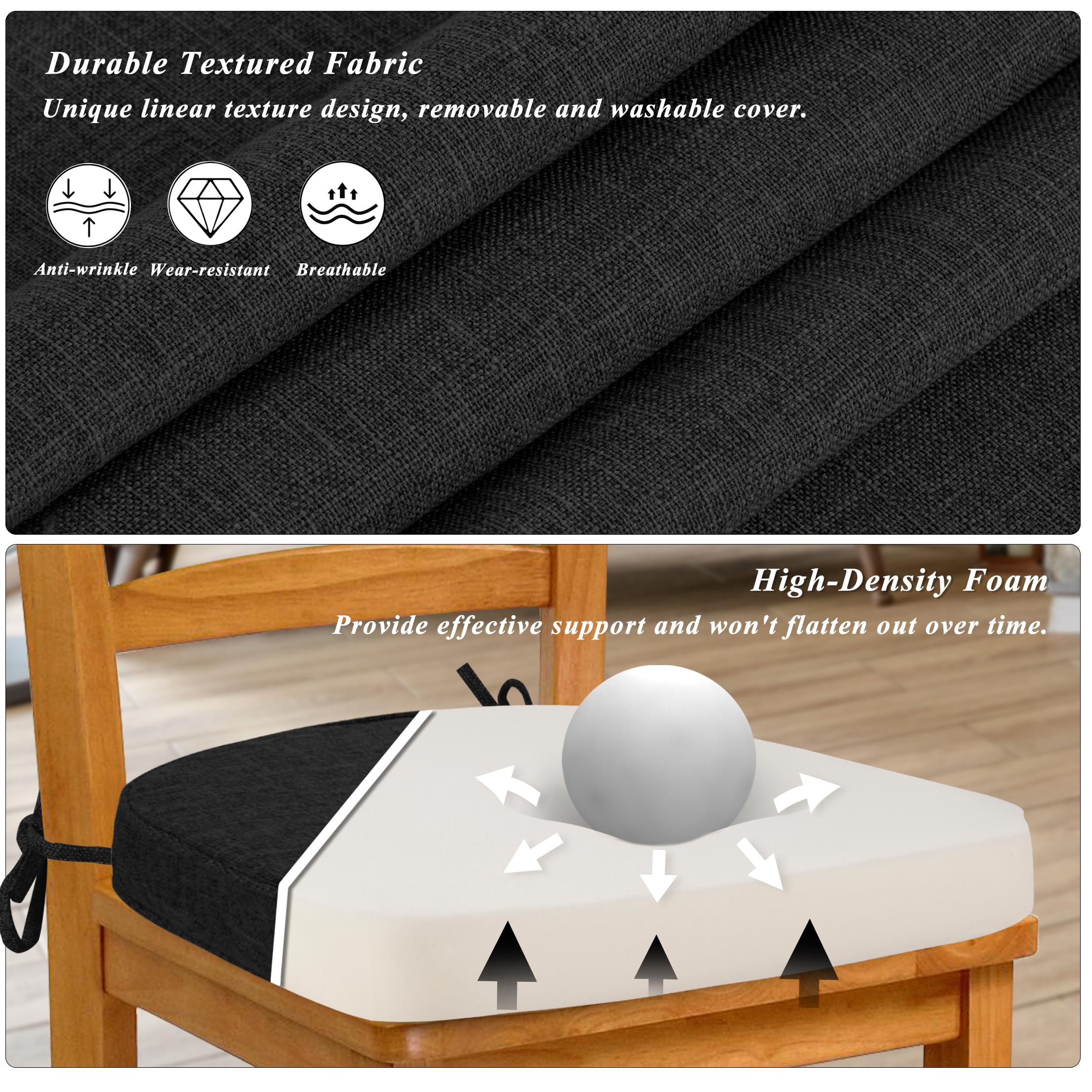 thumbnail: FlyGulls Stoelkussens Set Van 4 - U-vormig, Extra Dik (5cm), Antislip, Voor Eetkamer- Of Bureaustoelen, Zwart