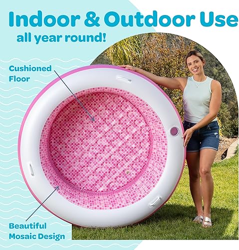Miniatura 4 de Piscina redonda inflable con suelo acolchado inflable, portavasos, asas y drenaje, piscina redonda grande de 60 x 22 pulgadas de profundidad,