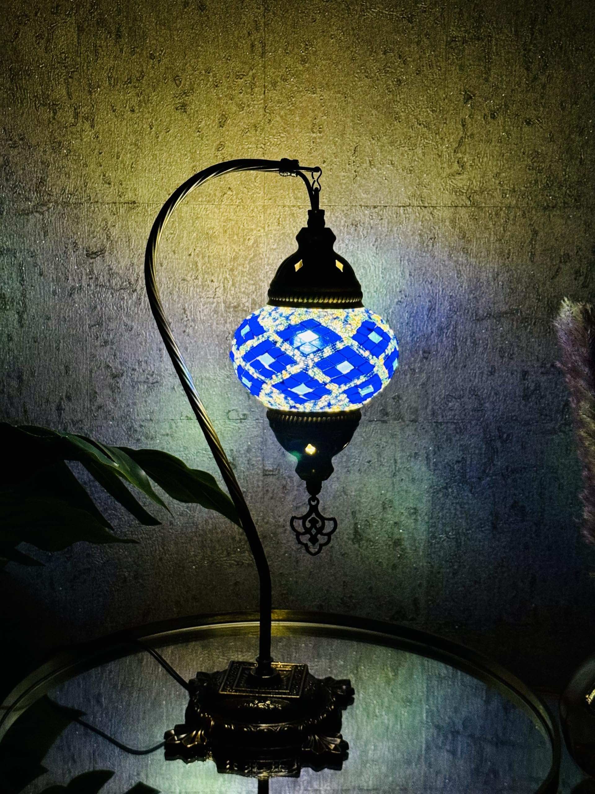Lightza Handmade Turkish Moroccan Mosaic Desk Lamp LED Bulb | Swan Neck Unique Globe Lampshade Table Light | UK Tested Safe Energy Efficient (Blue-1) โ image 1
