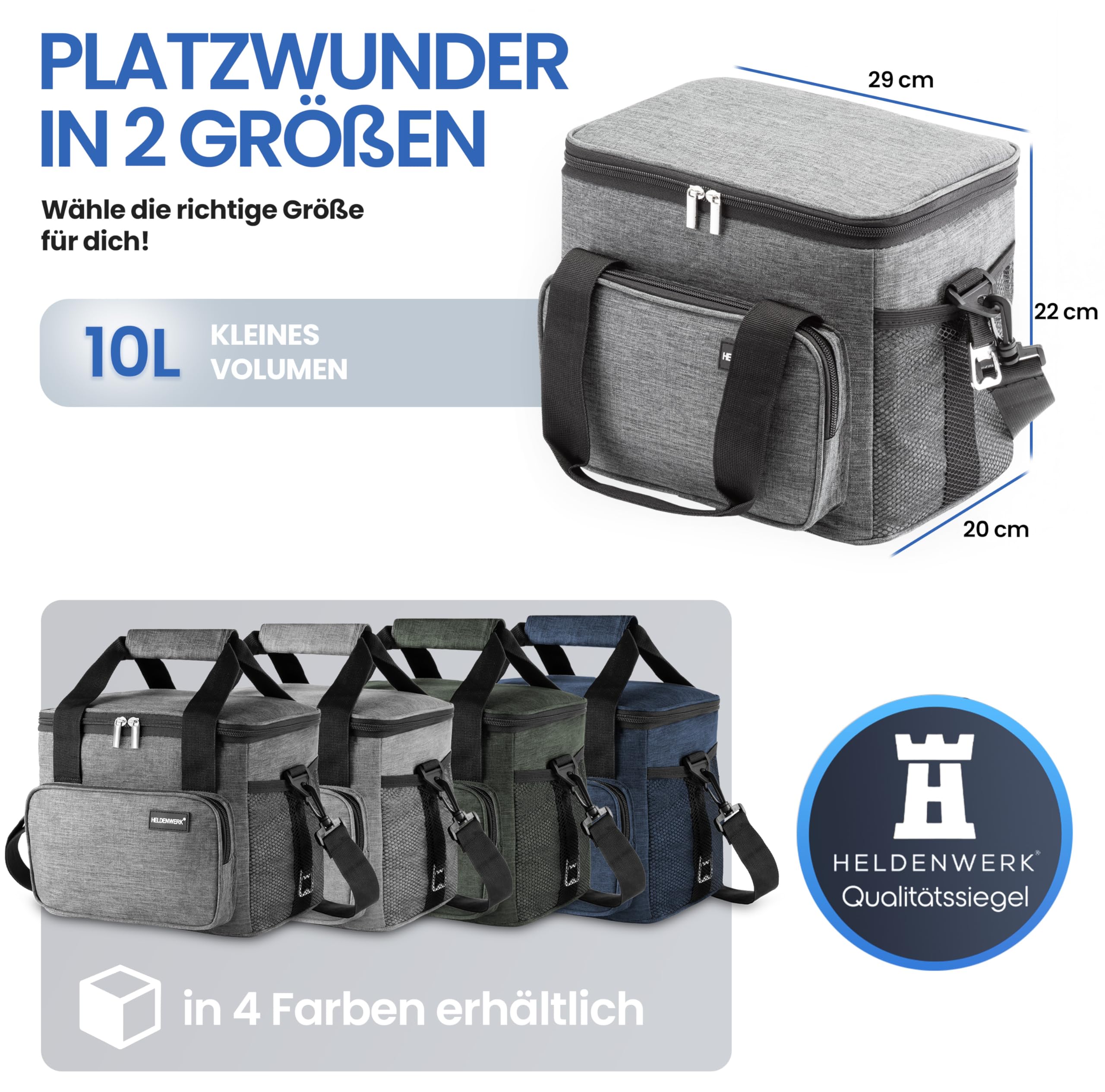 HELDENWERK Borsa termica piccola e pieghevole, 10 l, termica isolata, per cibo e bevande, impermeabile e a prova di perdite, borsa da picnic, borsa frigo, borsa per la colazione, borsa per il pranzo
