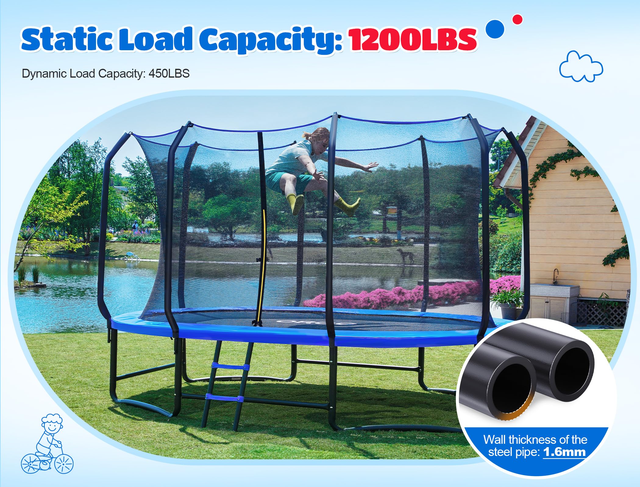 ORCC 8x13FT Elliptical Trampoline - Heavy Duty Kids & Gymnastics Trampoline with Reinforced Locking Bar