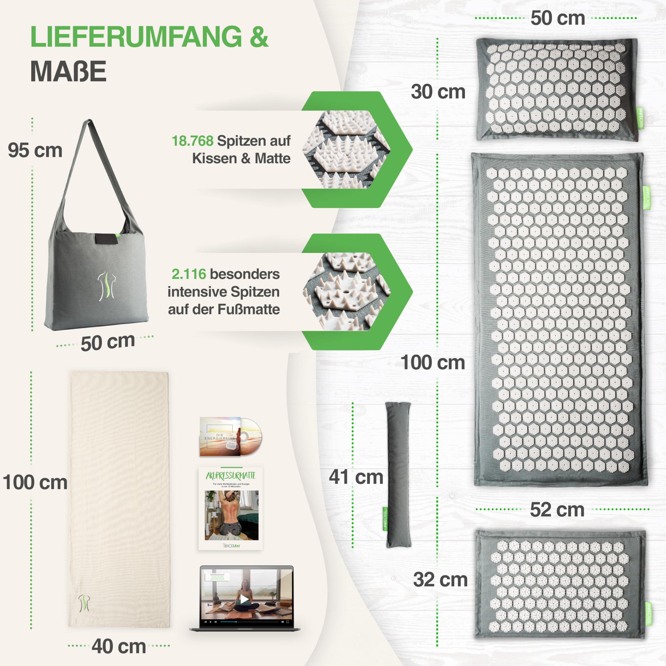 BACKLAXX Akupressurmatte Set mit Kissen, Tuch & Tasche | XL Akupressur-Matte - 120% mehr Fläche | Akupunktur-Matte mit Stacheln zur Massage | Akkupressmatte für Nacken & Schulter | Massagematte Rücken