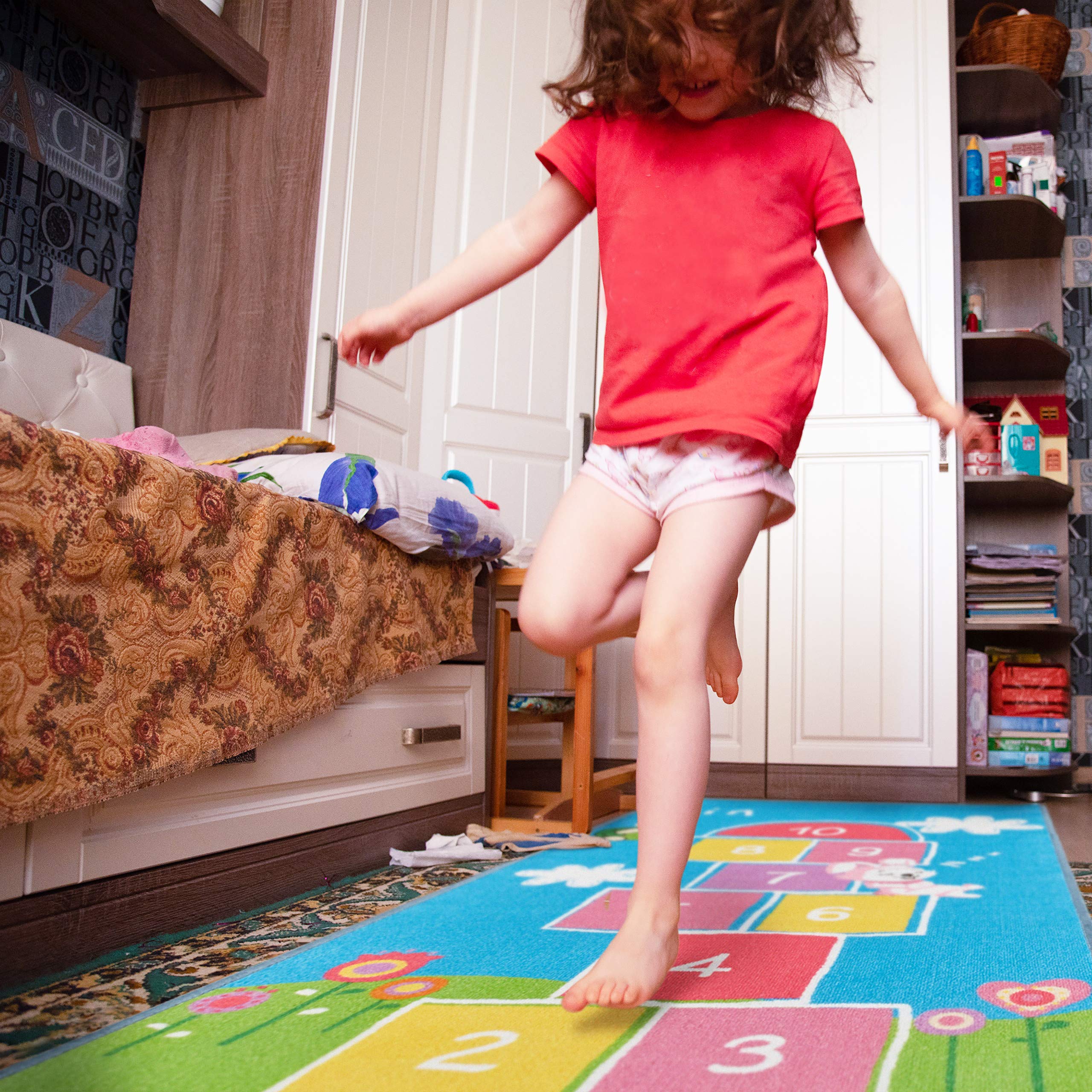 Relaxdays Tapis de marelle, 180 x 70 cm, 10 Cases, à Poils Courts, Dessous caoutchouté, Jeu éducatif, Multicolore