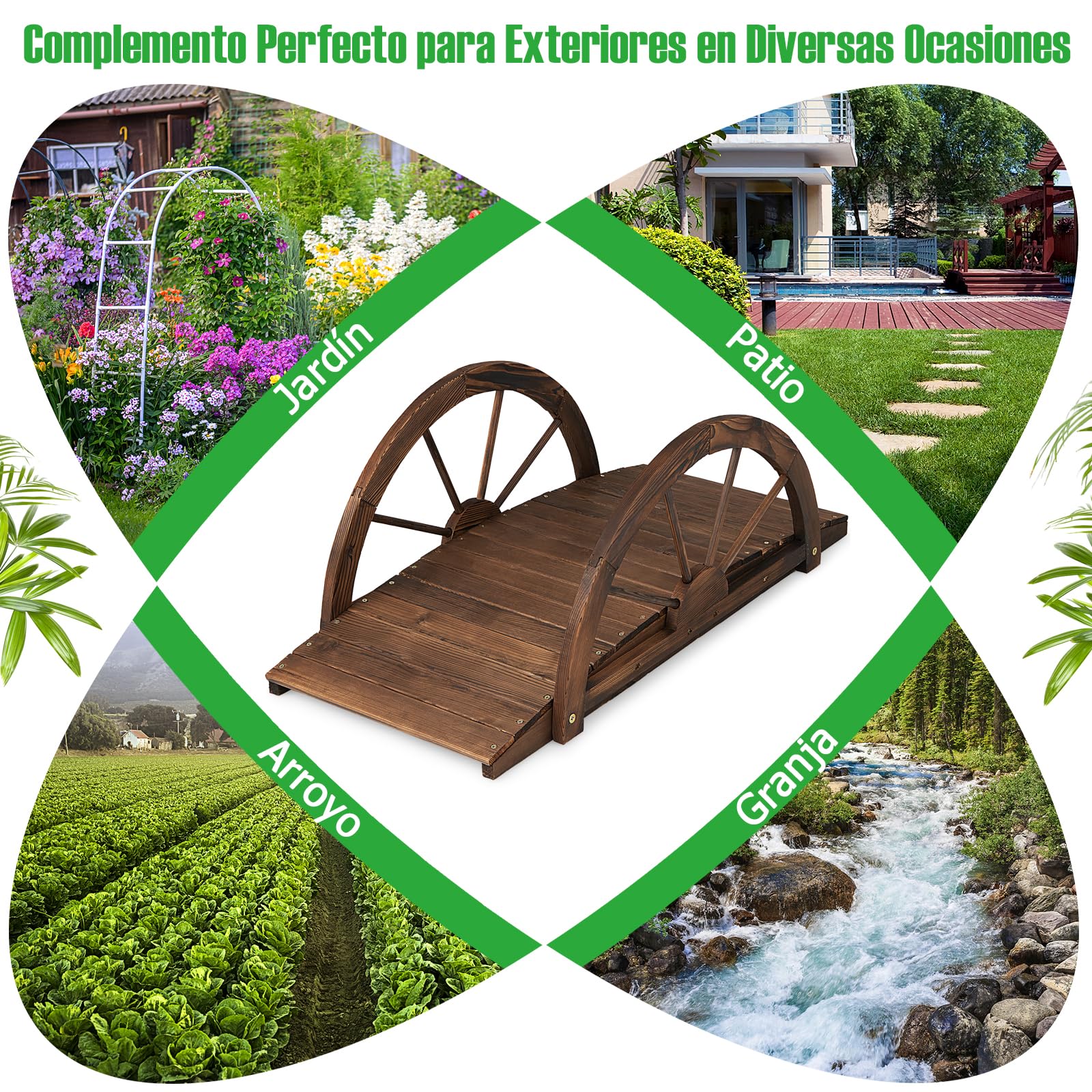 GOPLUS Puente de Jardín de Madera Abeto de 100 cm, Puente de Arco con Barandillas de Seguridad en Forma de Rueda, Puente Decorativo para Estanque Patio Jardin Arroyo Granja, 101,5 x 48,5 x 38 cm