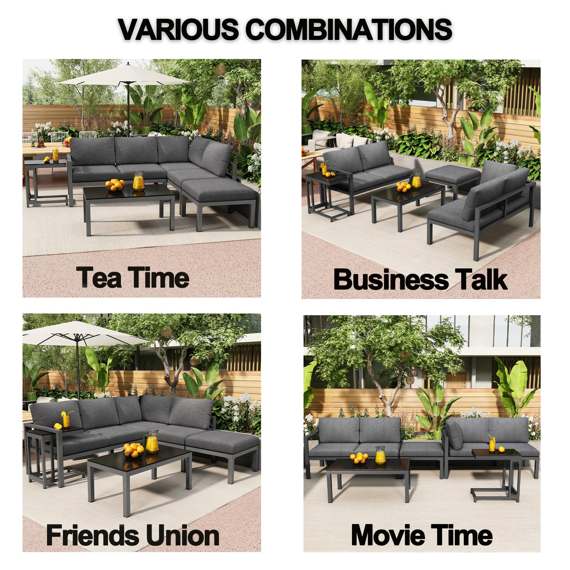Set di 5 mobili da giardino da balcone per 4 – 5, per esterni, con 2 divani doppii, 1 sgabello e 2 tavoli, salone ad angolo, resistente alle intemperie, divano lounge in ferro zincato, grigio