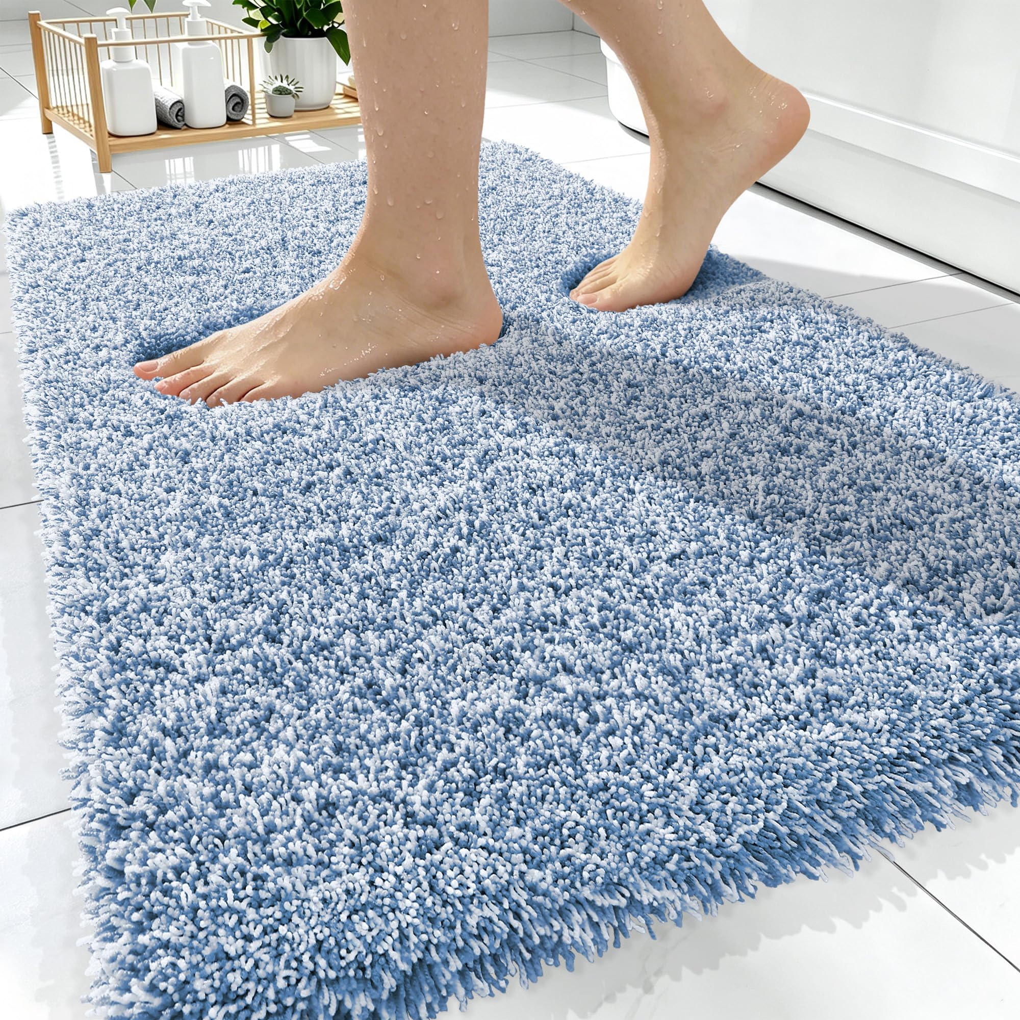 OLANLY Microfiber Soft Bathroom Rugs Mats 30x20, Cornflower Blue and White