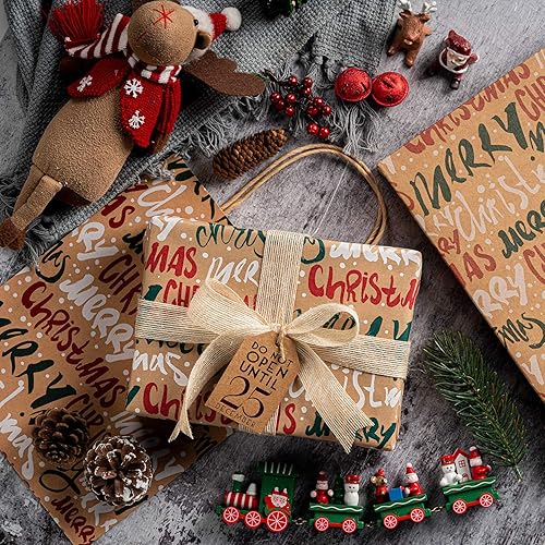 Miniatura 4 de RUSPEPA Papel de regalo de Navidad, papel kraft  copos de nieve, automóvil y árbol de Navidad, rayas y Feliz Navidad  4 rollos  30 pulgadas x 10