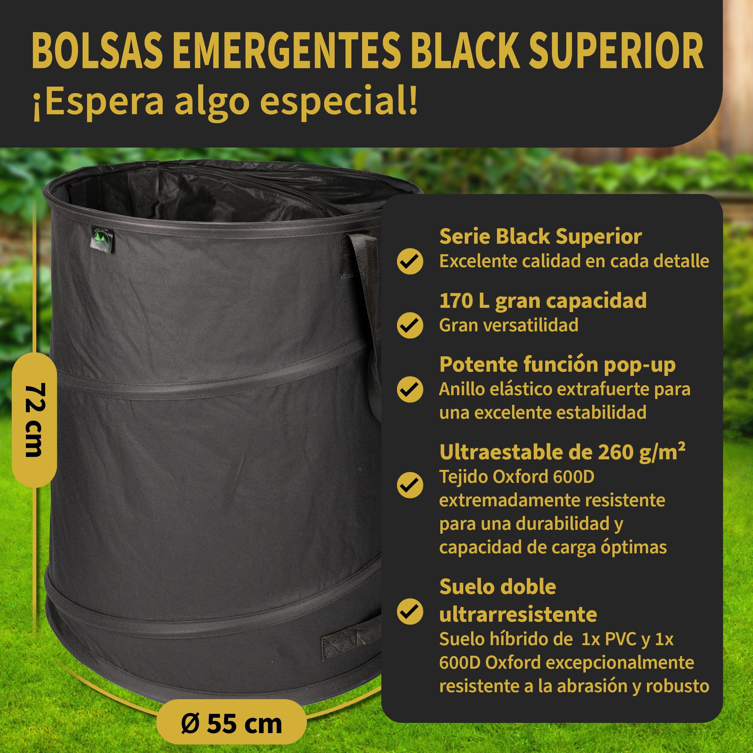 TTL Commerce TTL Garden NEGRO SUPERIOR 3x 170L Bolsa de jardín emergente DOBLE PISO 260gsm extra estable 600D Oxford juego de 3 Bolsa de basura de jardín de 170 litros Bolsa para hojas plegable Resid | Bolsas de basura de jardín 600D Oxford 600D, juego de