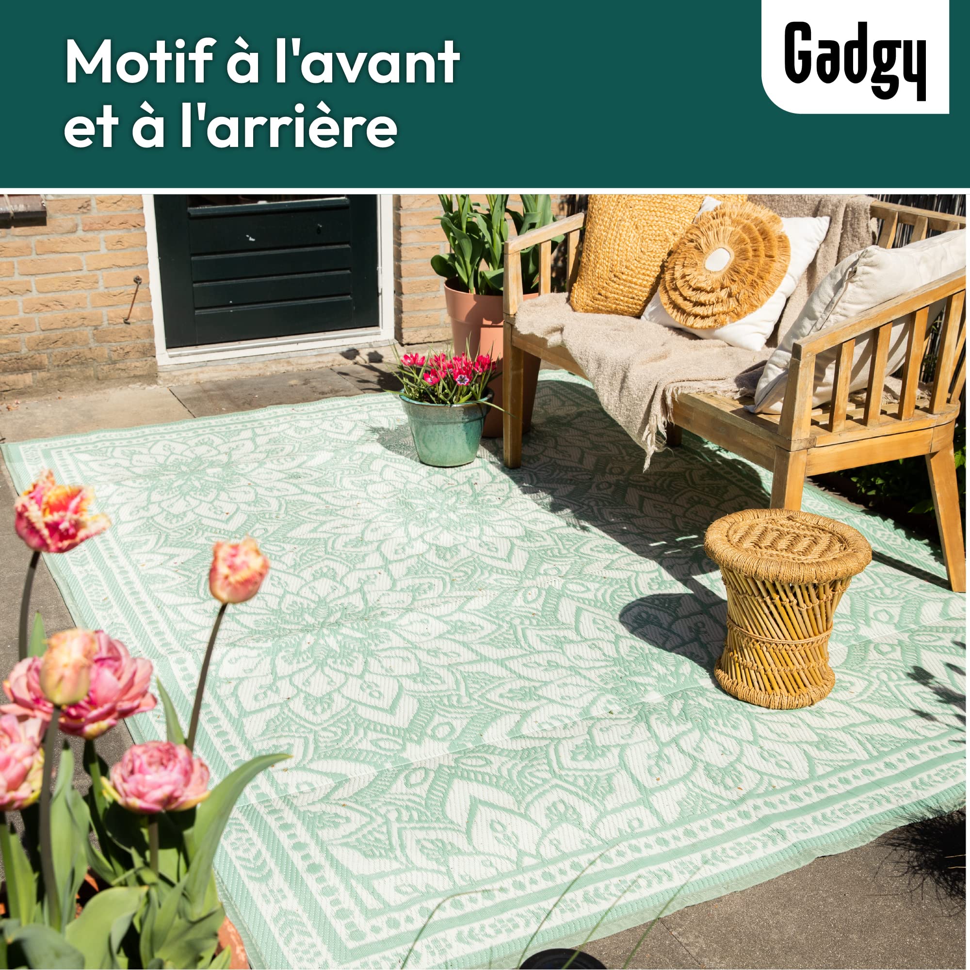 Gadgy Tapis Exterieur Resistant Pluie 300x200cm, Imperméable, Résistant à L’Eau & Aux UV, de Elegant Jardin Tapis, Réversible avec Sac Transport, Vert