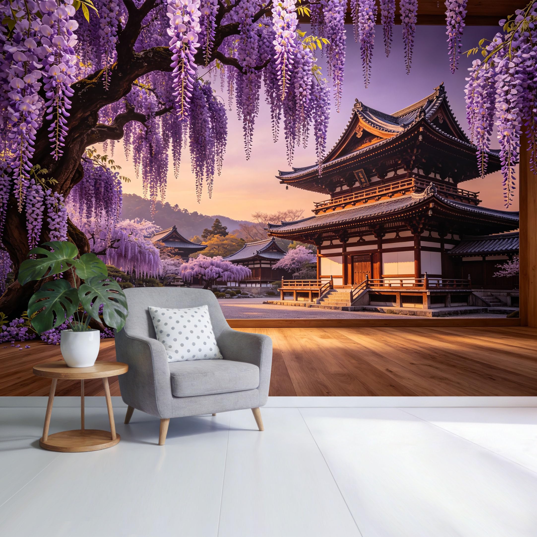 Custom Size Wall Mural Japanese Temple Garden Wisteria Blossom Landscape Sunset Scenery SelfAdhesive Wall Fabric Removable Wallpaper for Home Office Decor