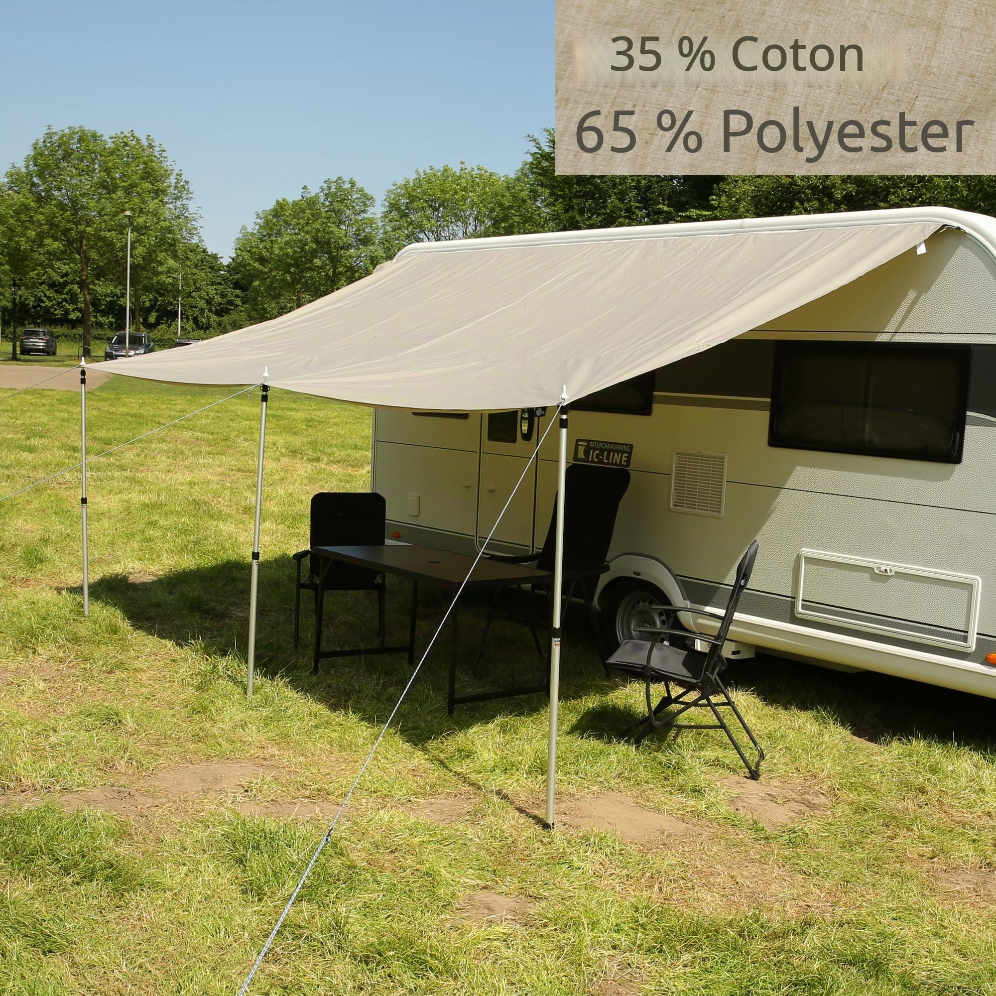 your GEAR Caravan Tarp TC Auvent de caravane - Voile d'ombrage en coton imperméable avec UV 50+, barres télescopiques en aluminium, 5 tailles, beige/sable, 450 x 240 cm