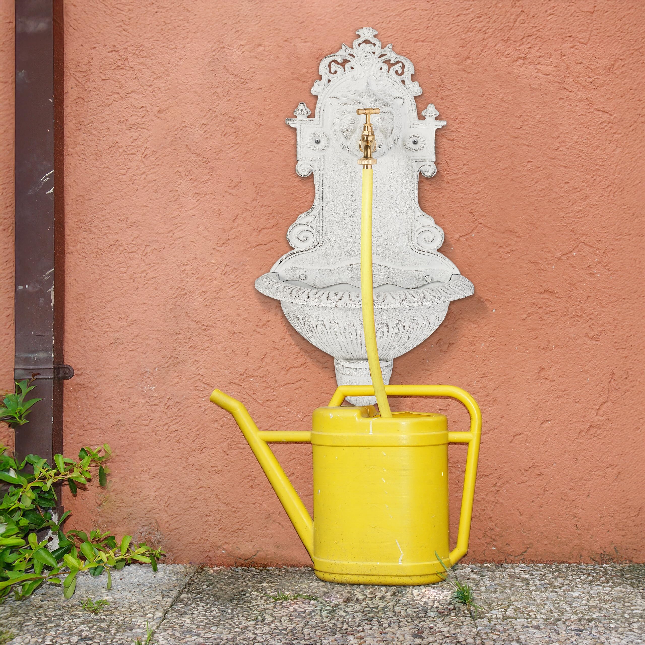 Relaxdays Fontana a Muro da Esterno, Fontanella Giardino, Vaschetta Rubinetto, Ghisa e Ottone, HLP: 61x35x18 cm, Bianco