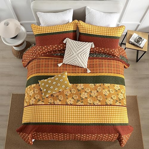 Miniatura 3 de Finlonte Juego de edredón de otoño Queen  Colcha de 100% algodón de granja tamaño Queen, colcha acolchada a rayas florales, edredón ligero