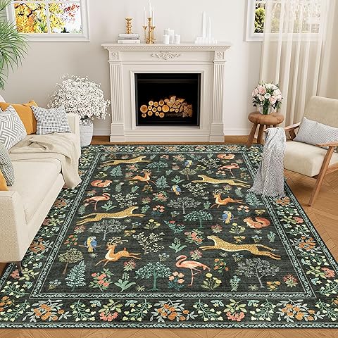 DUKINO 5x7 Rug, Washable Animal Living Room Rug with Non Slip Vintage Design, Soft Low Pile Large Carpet for Bedroom, Nursery, Dining Room, Farmhouse, Playroom, Black