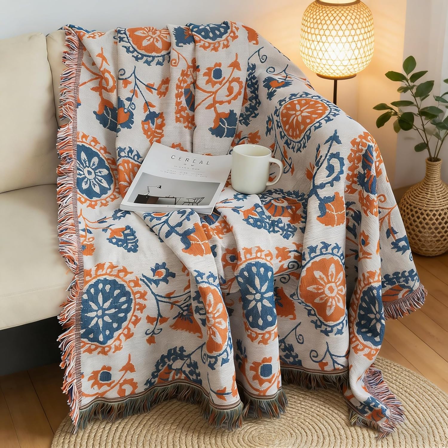 Universal Cotton Crochet Floral Sofa Cover, Machine Washable 1 Piece Durable Loveseat Cover, Blue Orange Furniture Protector for 2 Cushion Couch, 71"x118"