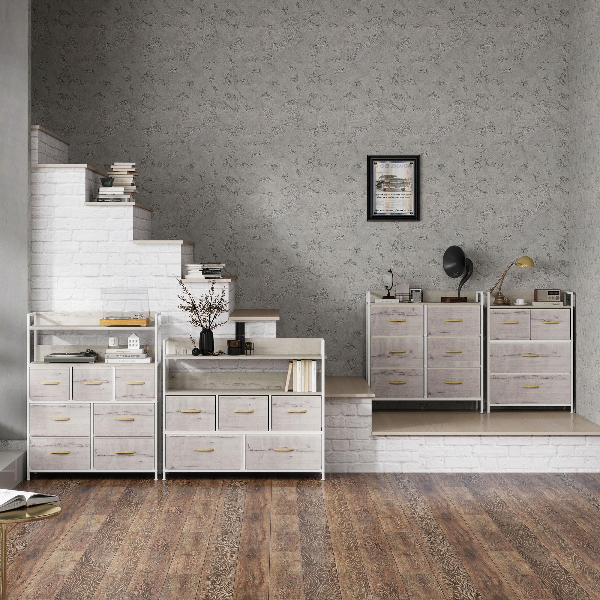 HOMCOM Kommode aus Stoff 4 Schubladen, Naturholz-Optik | Schlafzimmer, Aufbewahrungs-Organizer, offenes Regal, Metallrahmen, Wohnzimmer, Eingangsbereich