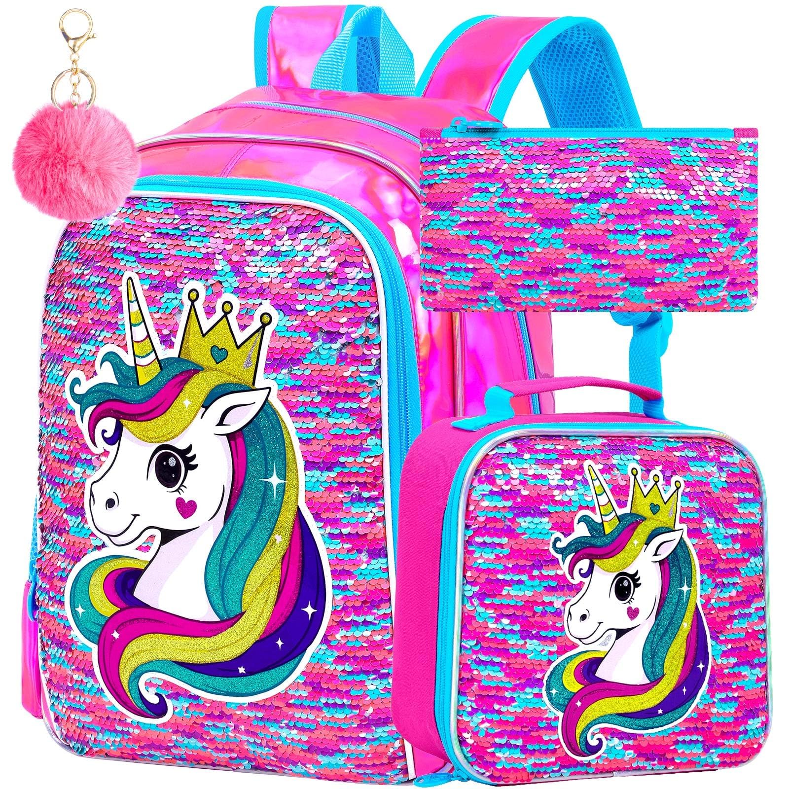 CCJPX 3Pcs Unicorn Backpack, 16” Girls Sequin Bookbag with Lunch Box, Kids Water Resistant Elementary School Bag for Kindergarten Preschool Toddler (Rose)