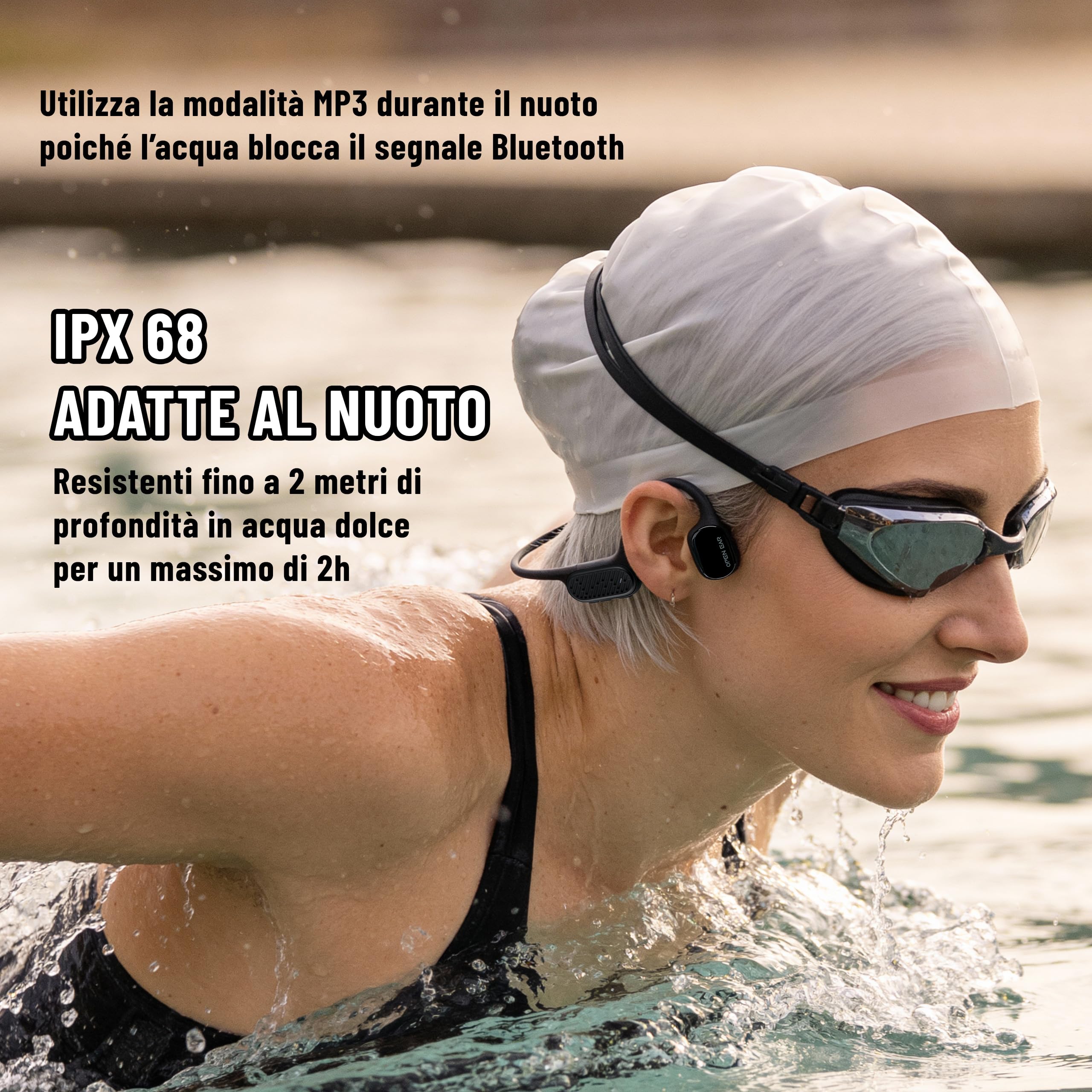 Cuffie Conduzione Ossea, Cuffie Sportive OPEN EAR, Cuffie Subacquee per Piscina IP68, Memoria da 32 GB, Wireless Bluetooth 5.3